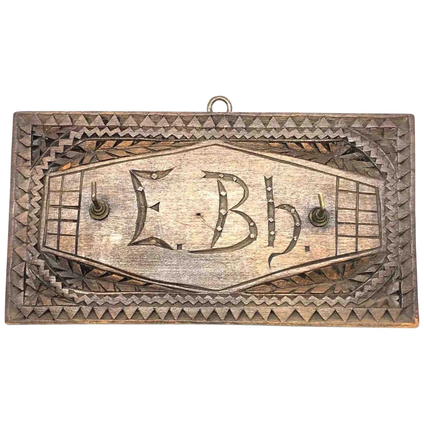 Beautiful Chip Carving Key Hanger Board Antique German Folk Art, 1900s