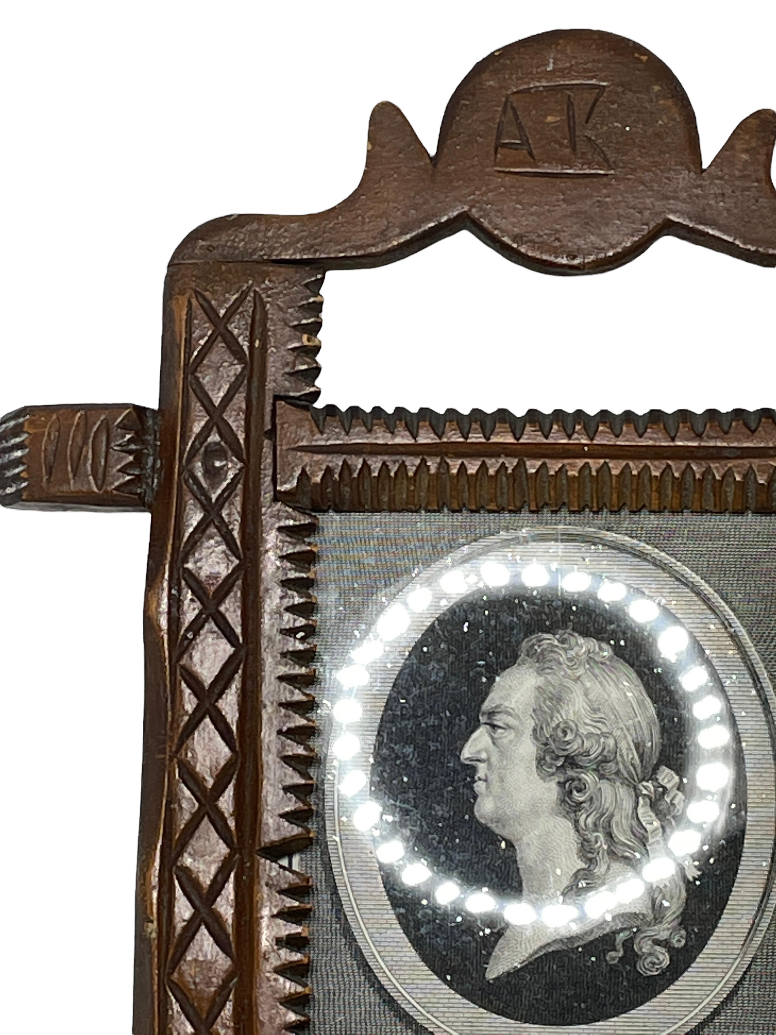 Beautiful Chip Carving Picture Frame Antique Folk Art, Print of Louis XV. France For Sale 2
