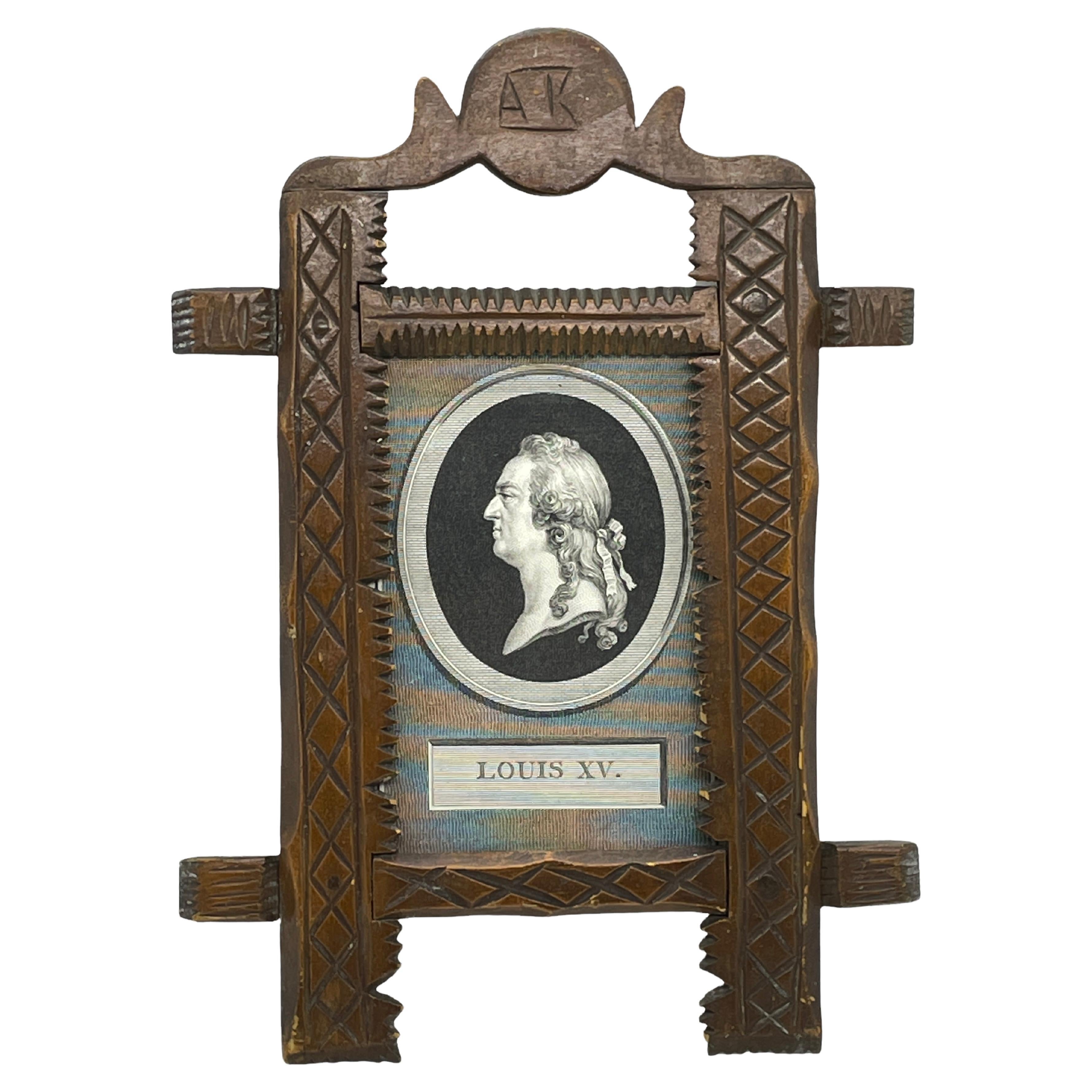 Beautiful Chip Carving Picture Frame Antique Folk Art, Print of Louis XV. France For Sale