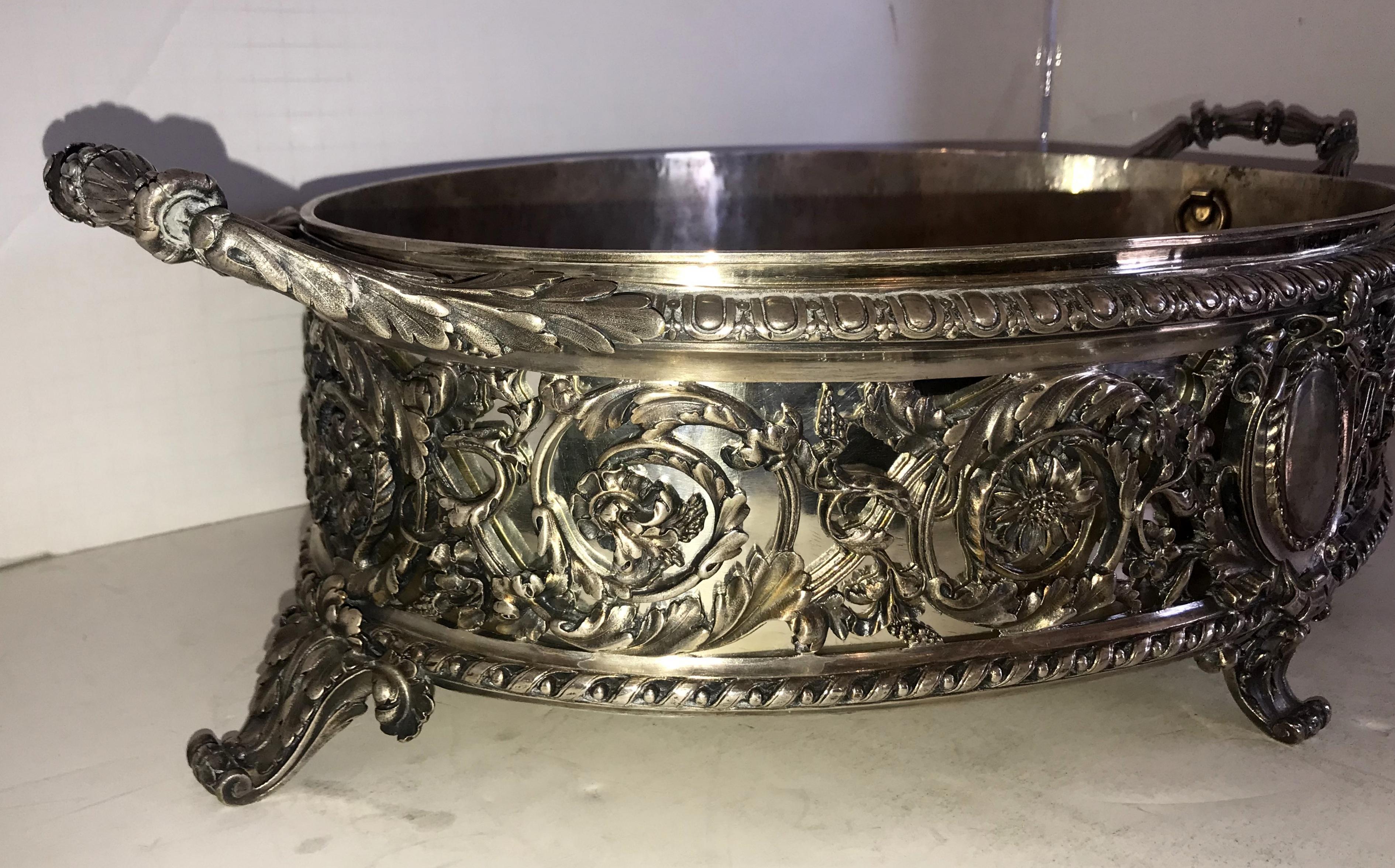 French Beautiful Christofle France Silver Plated Bronze Jardinière Filigree Centrepiece