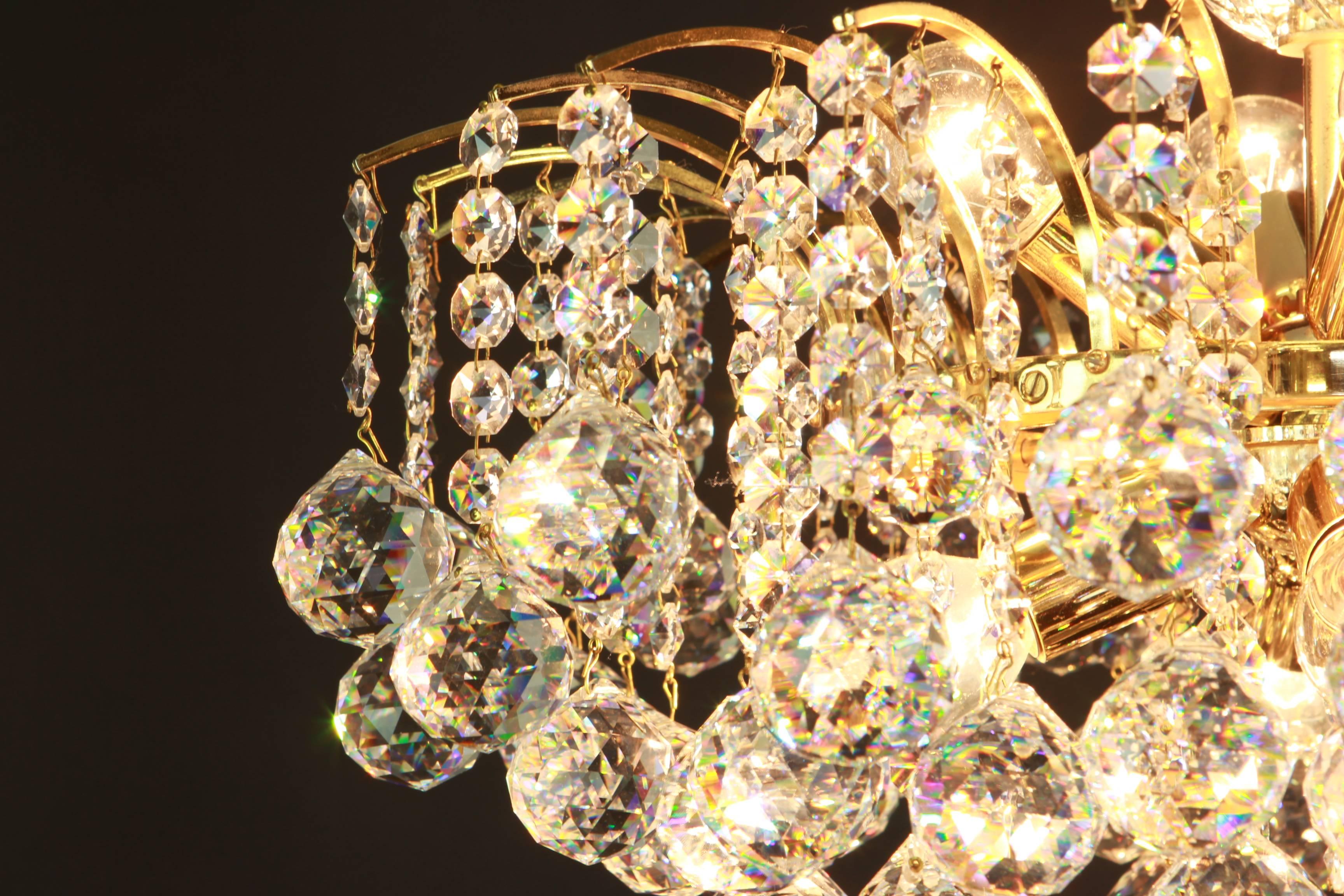 Brass Beautiful Christoph Palme Chandelier Midcentury Crystal Balls, 1970s For Sale