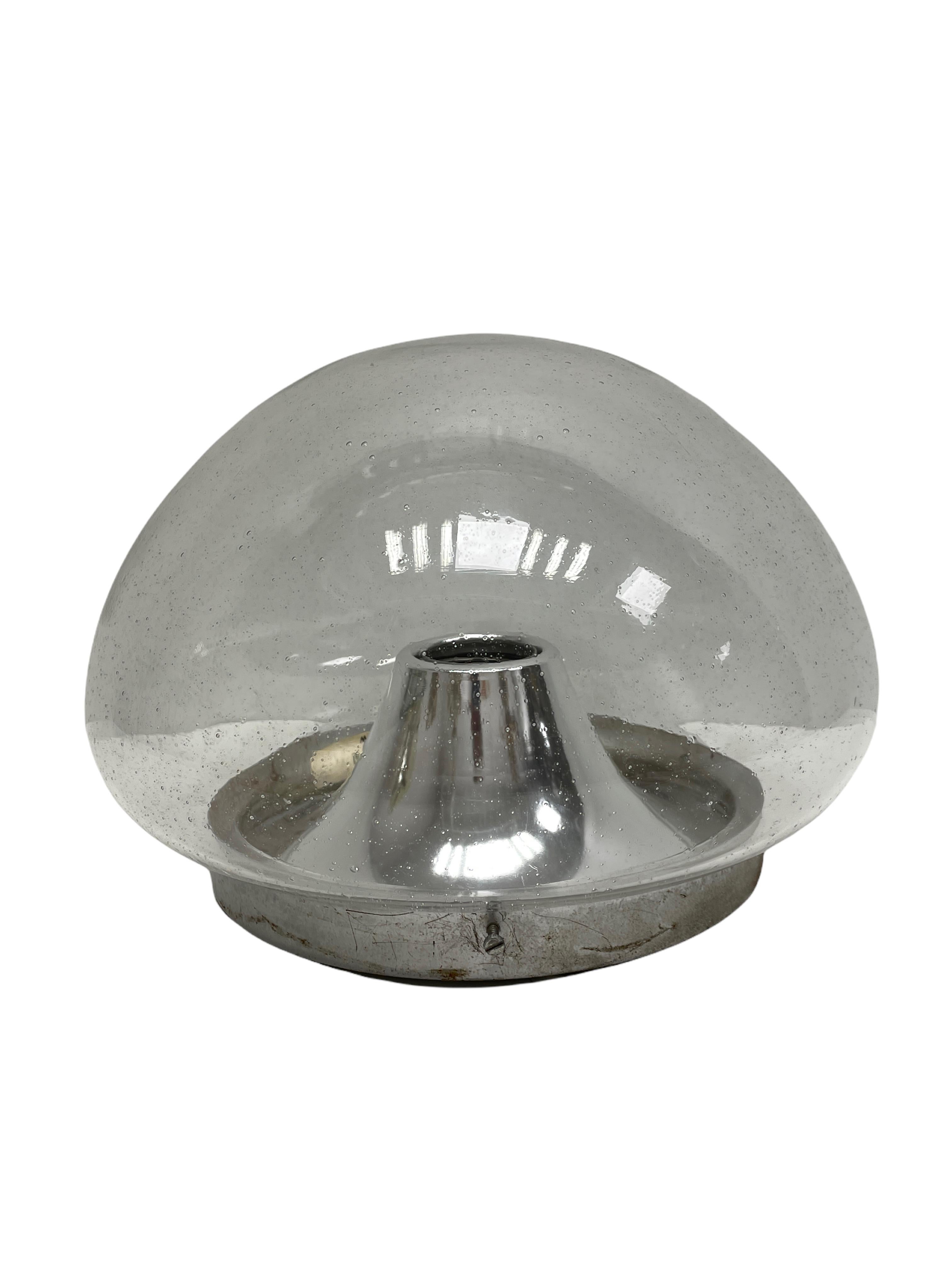 A gorgeous chrome flush mount by RZB Leuchten. Nice Murano glass with lots of air bubbles inside. The flush mount requires one European E27 Edison bulb, up to 100 watts.