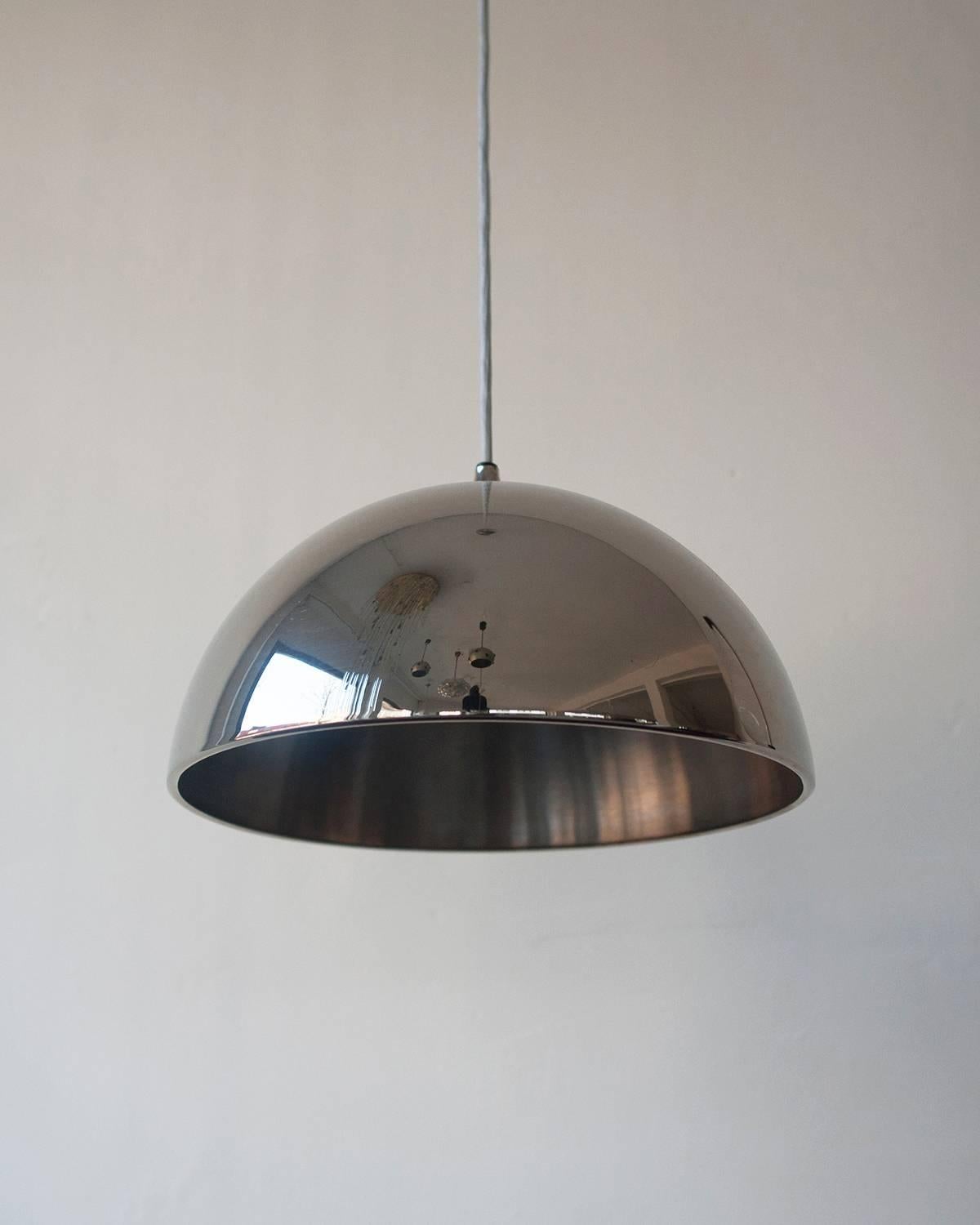 Metal chromed dome pendant by Florian Schulz is a unique form of art and jewelry. Excellent vintage condition. Overall height is adjustable.