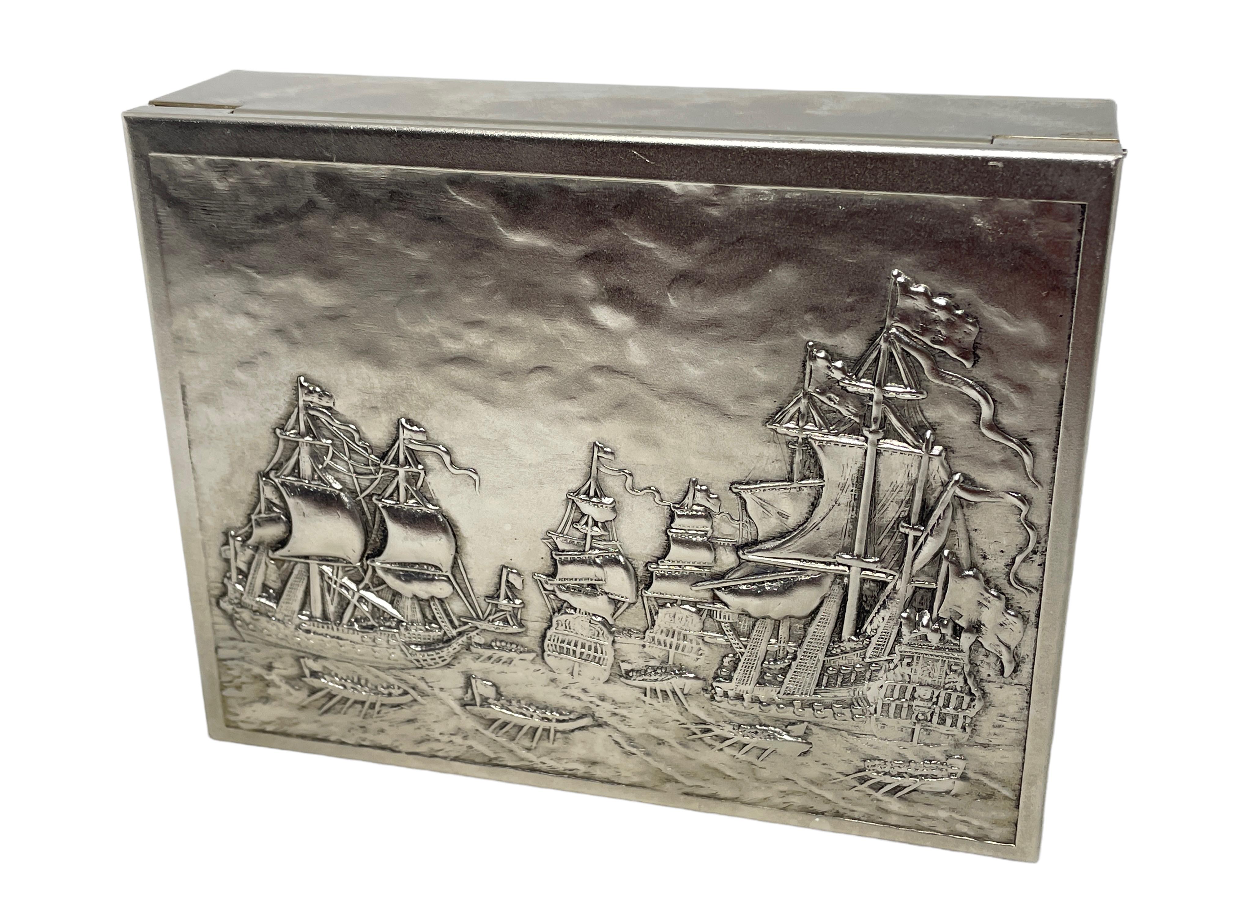 Metal Beautiful Cigarette Cigar Box with Ship Scene, Vintage German