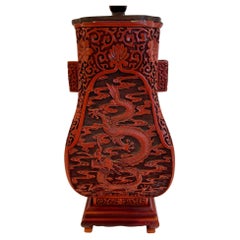 Beautiful Cinnabar Red Chinese Carved Wood Table Lamp