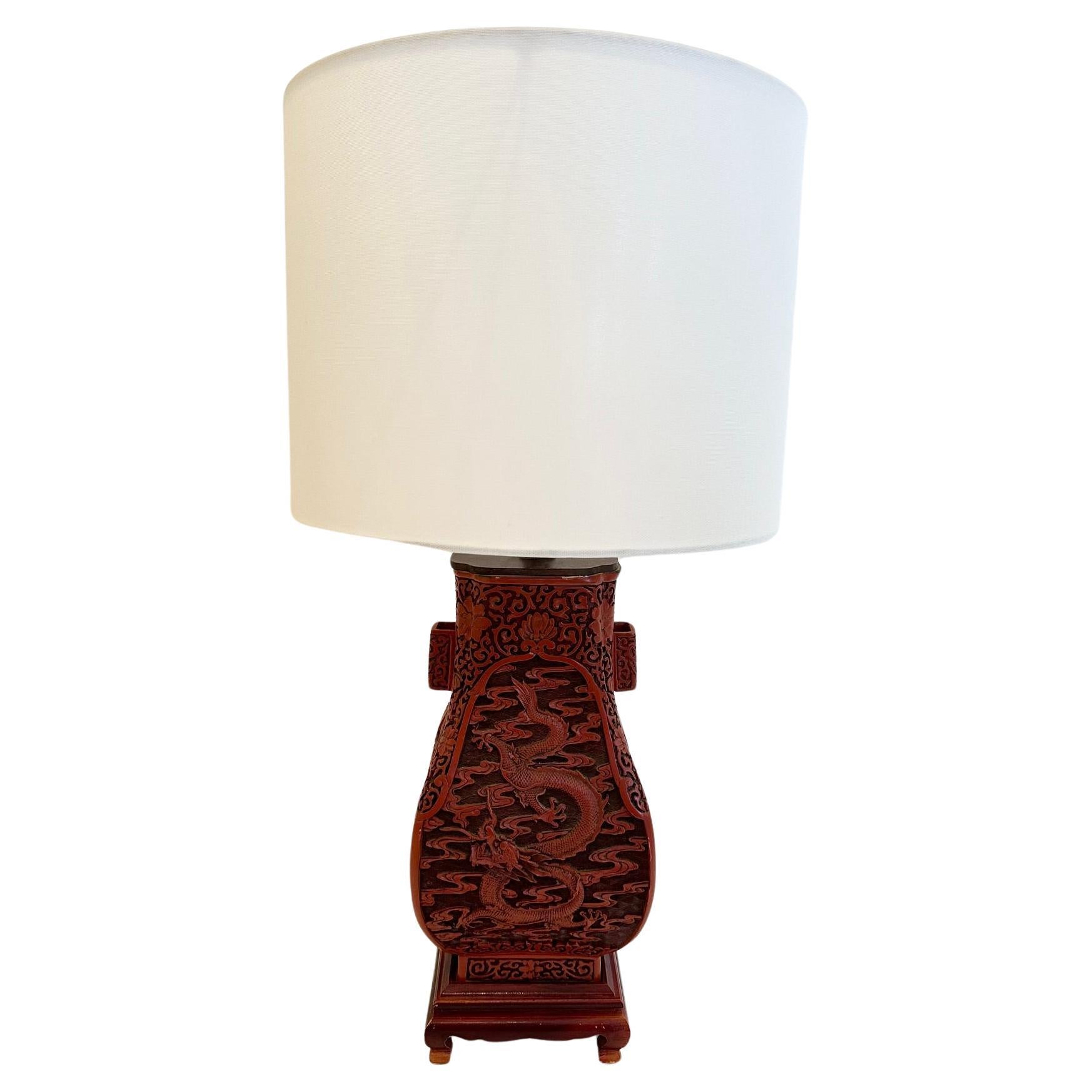 Beautiful Cinnabar Red Chinese Carved Wood Table Lamp