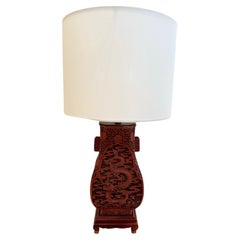 Beautiful Cinnabar Red Chinese Carved Wood Table Lamp