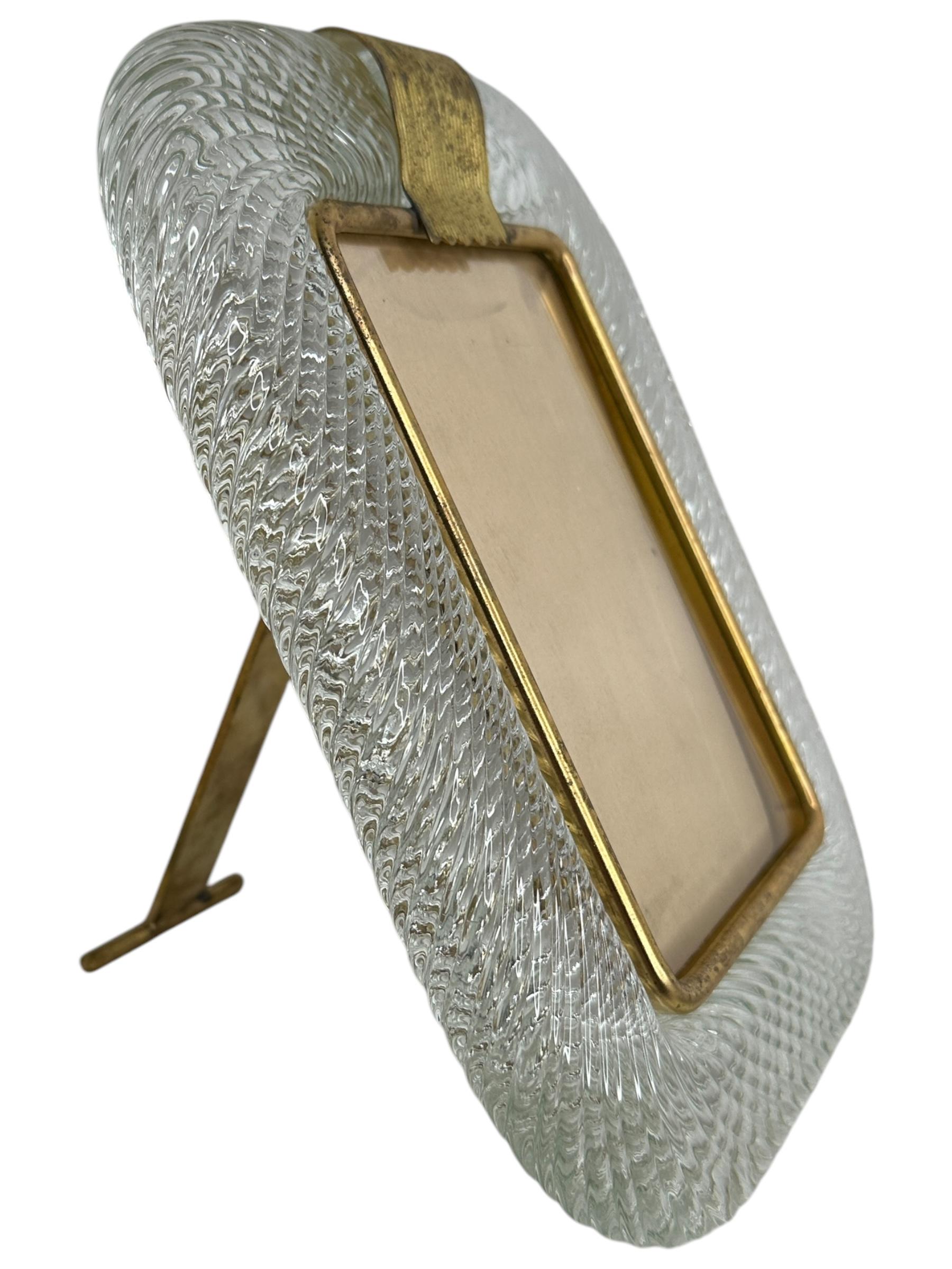 Hollywood Regency Beautiful Clear Twisted Murano Glass and Brass Picture Frame by Barovier E Toso