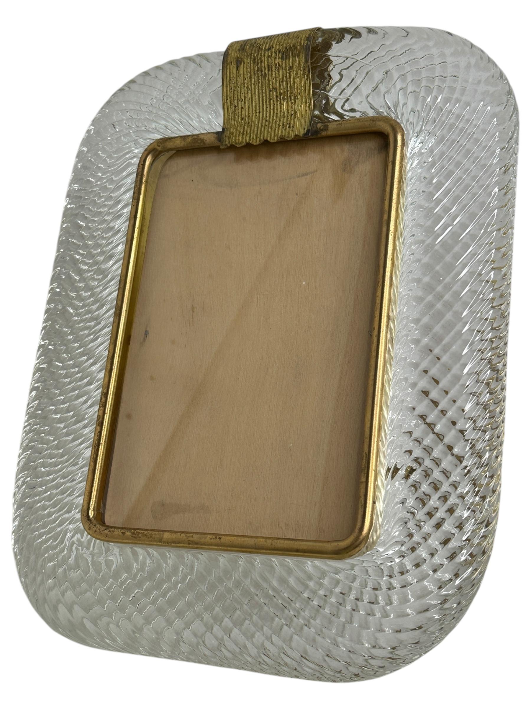 Beautiful Clear Twisted Murano Glass and Brass Picture Frame by Barovier E Toso 1
