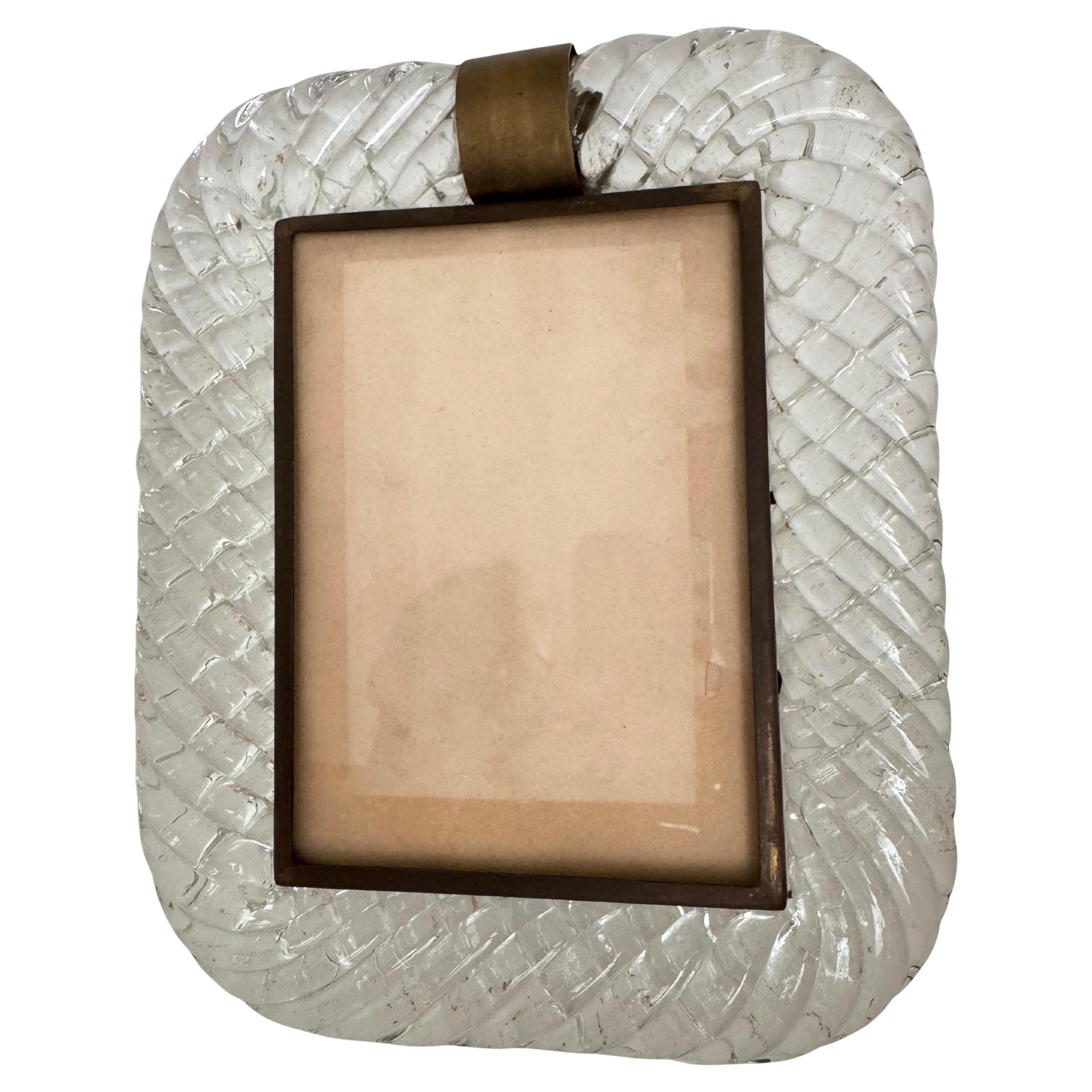 Beautiful Clear Twisted Murano Glass and Brass Picture Frame by Barovier E Toso