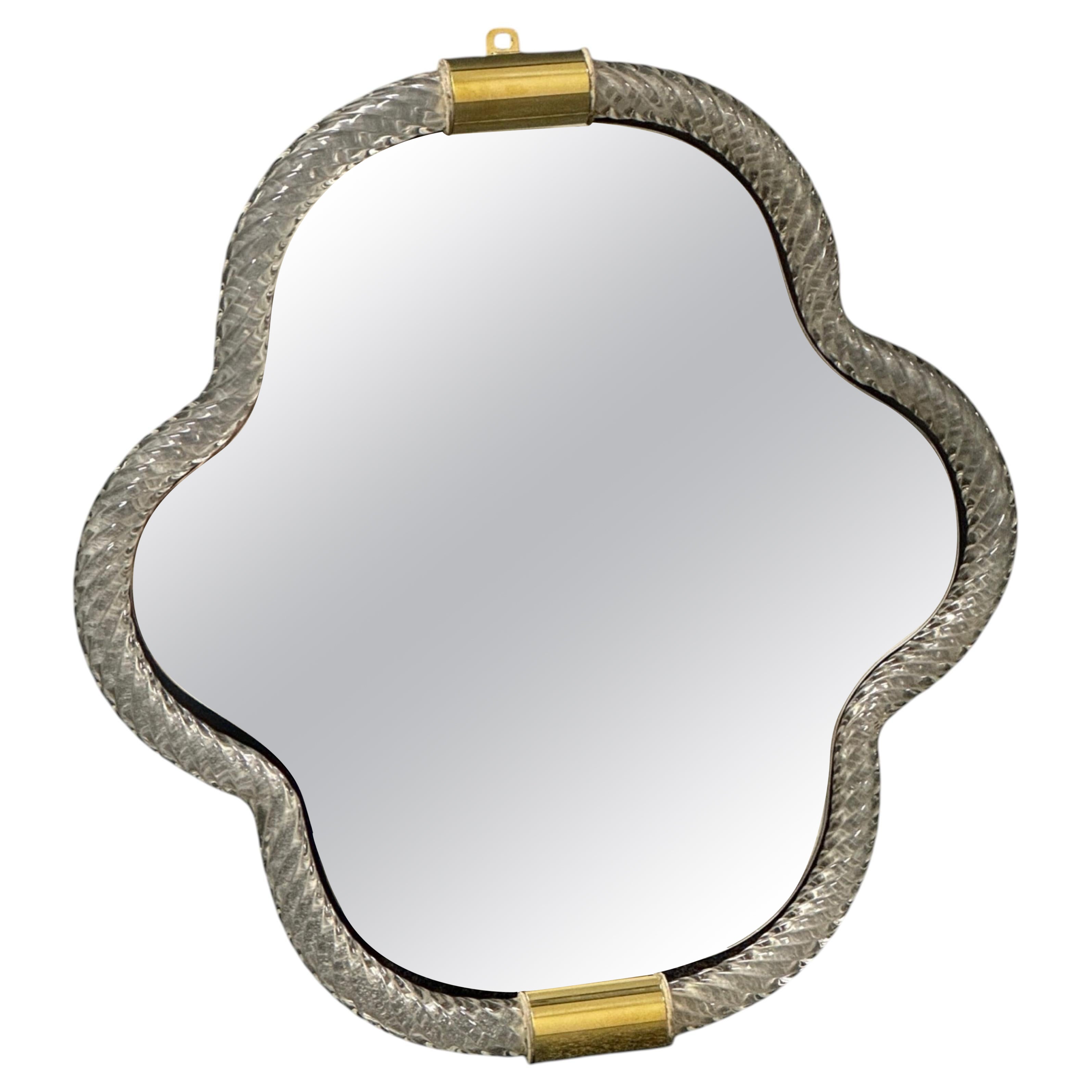 Beautiful Clear Twisted Murano Glass and Brass Wall Mirror by Barovier E Toso