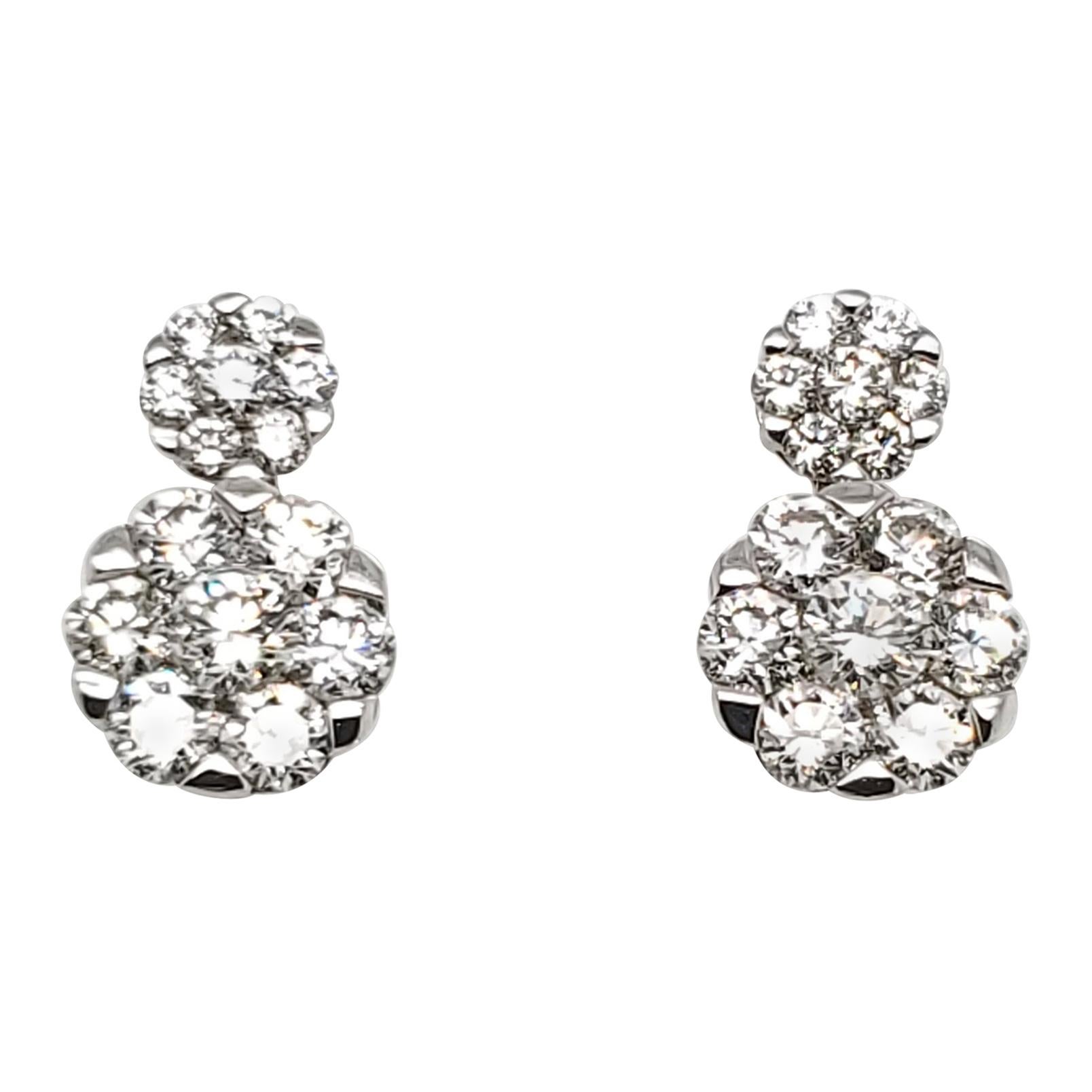 Beautiful Cluster Flower Dangle Diamond Earrings in 18 Karat White Gold For Sale