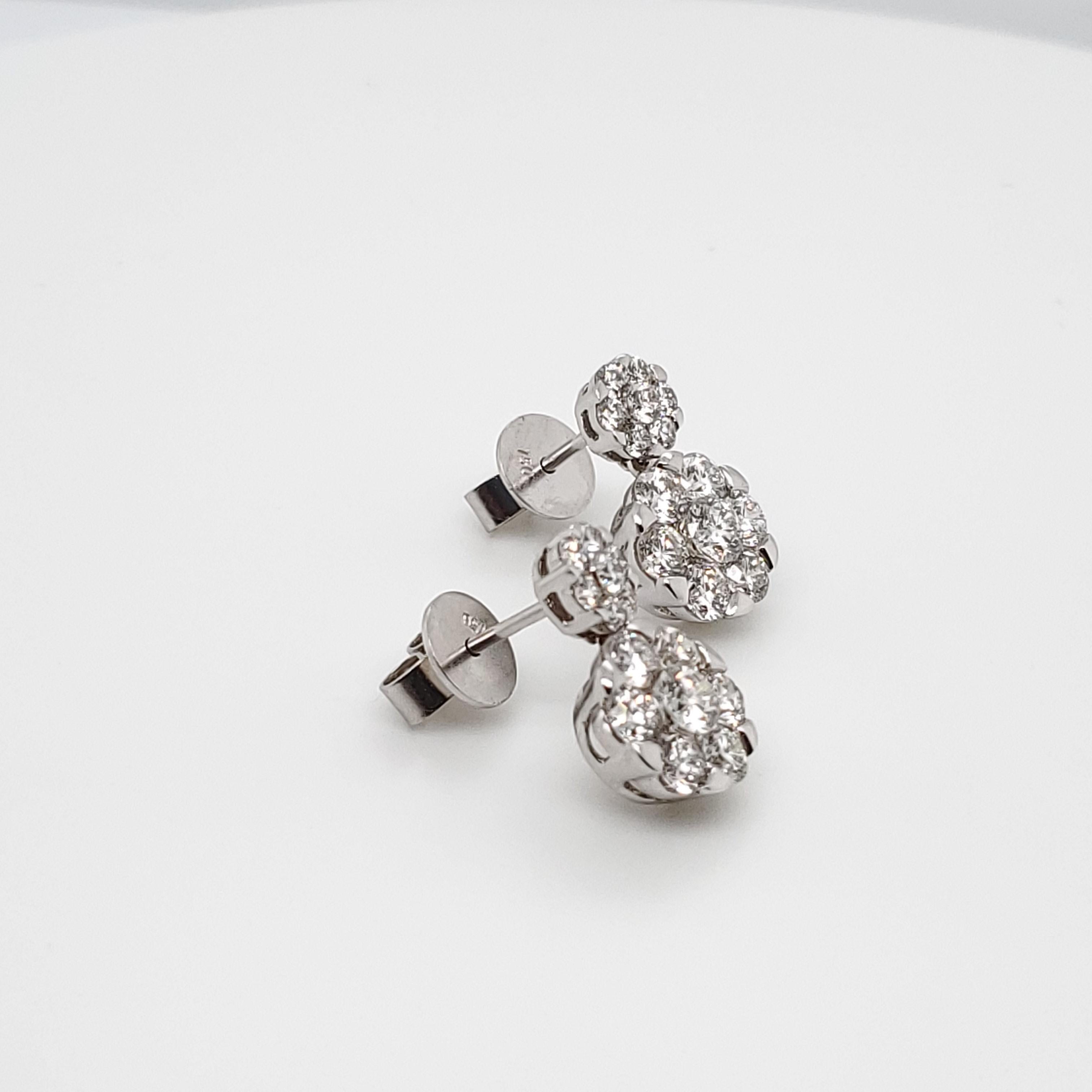 Round Cut Beautiful Cluster Flower Dangle Diamond Earrings in 18 Karat White Gold For Sale