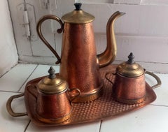 Copper and Brass Coffee or Tea set, Very Decorative  Early 20th Century