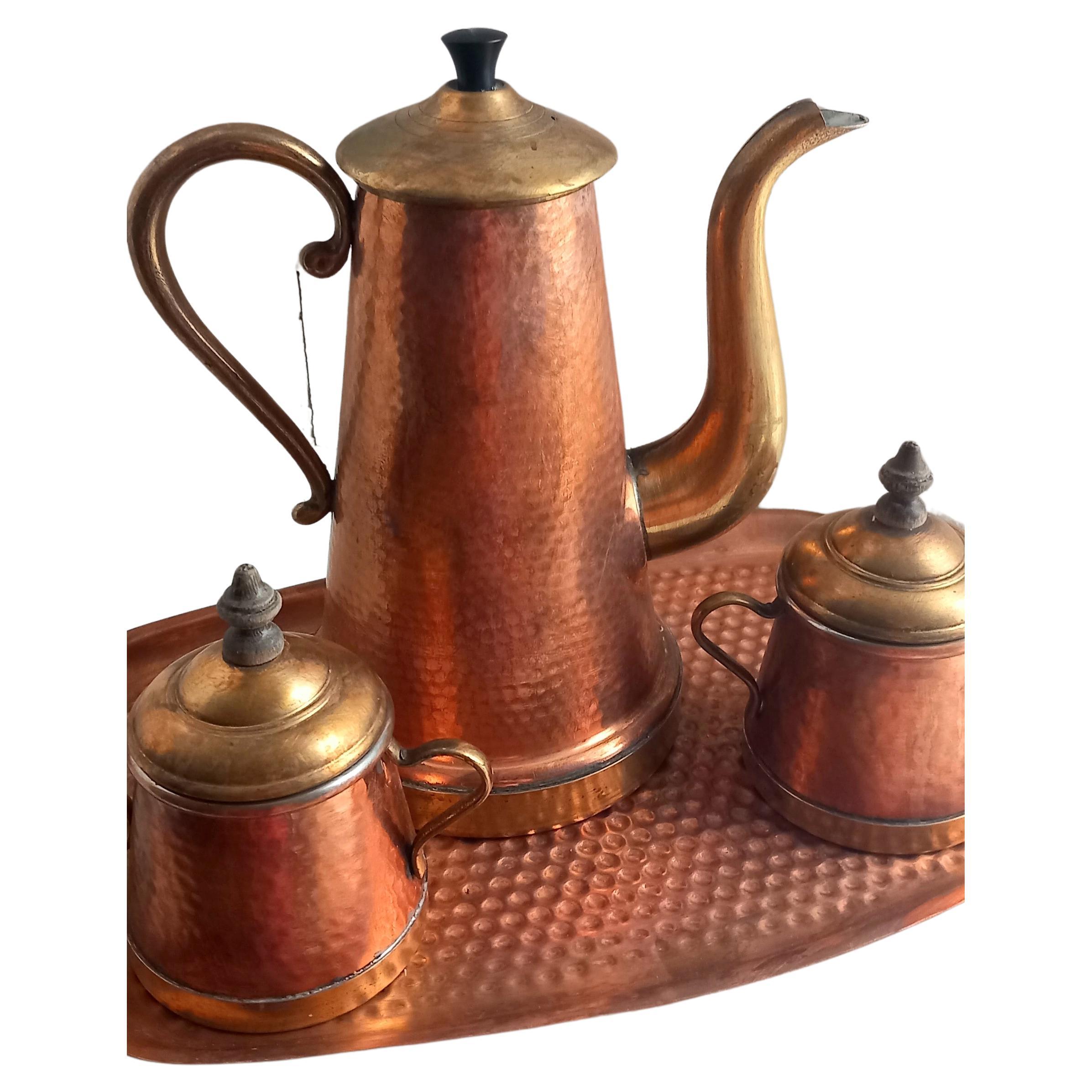 Copper and Brass Coffee or Tea set, Very Decorative  Early 20th Century For Sale