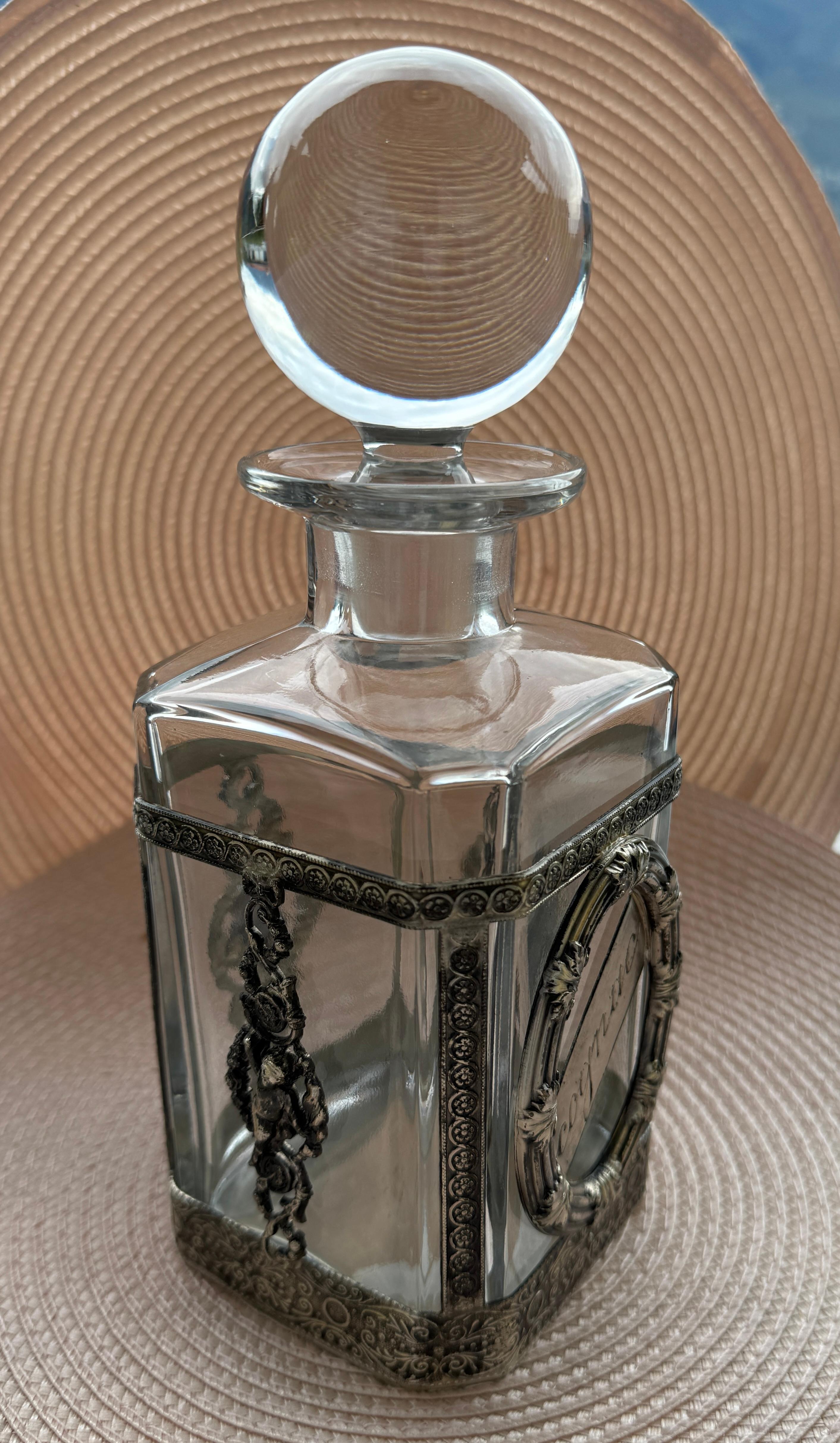Beautiful Cognac Glass & Silver Plate Mounts, Decanter Bottle, vintage England For Sale 4