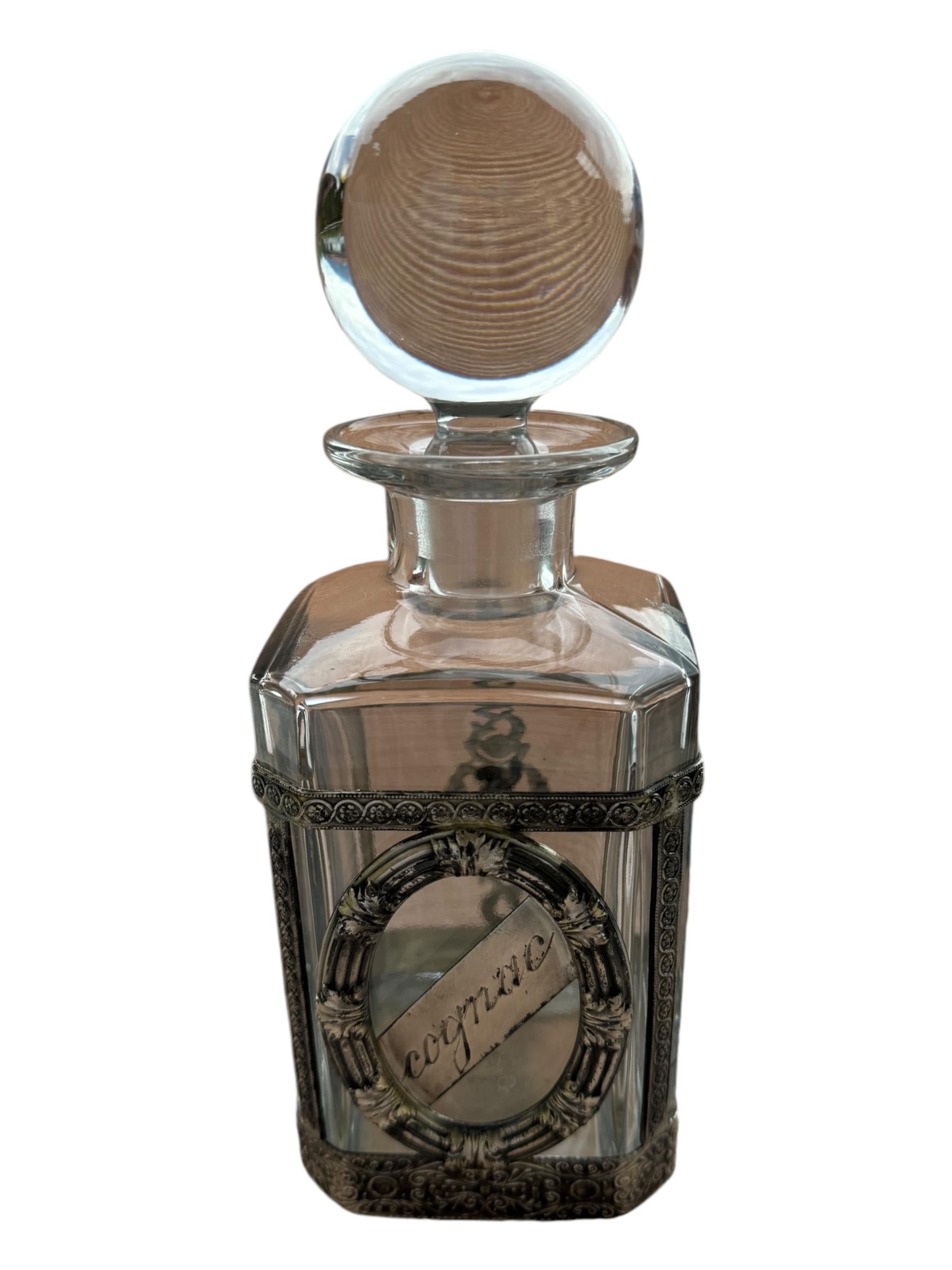 Beautiful Cognac Glass & Silver Plate Mounts, Decanter Bottle, vintage England For Sale 5