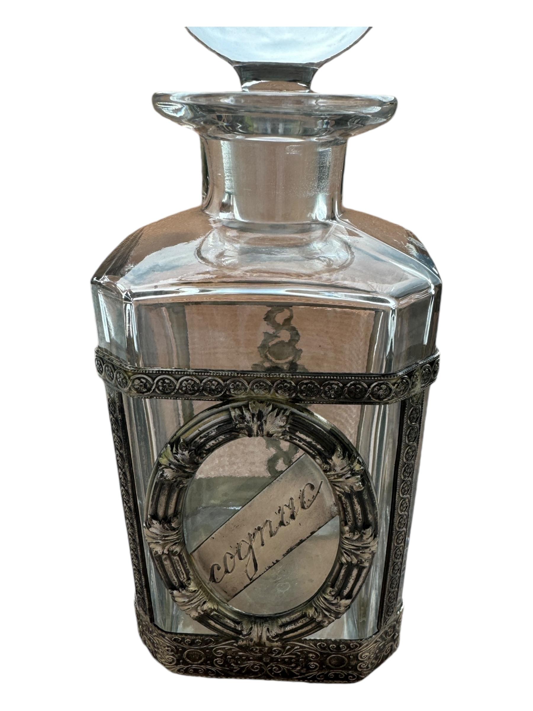 Beautiful Cognac Glass & Silver Plate Mounts, Decanter Bottle, vintage England For Sale 6