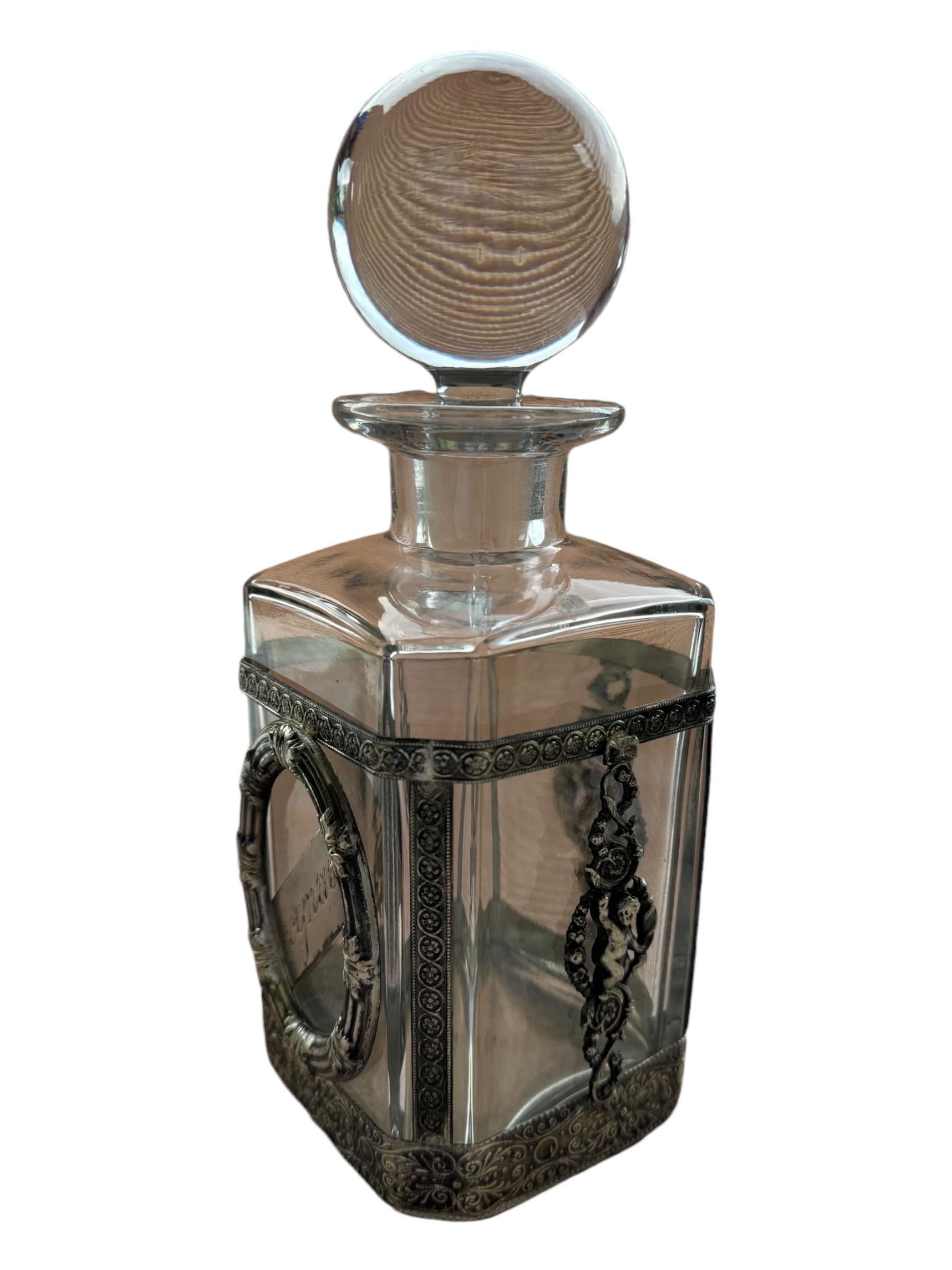Beautiful Cognac Glass & Silver Plate Mounts, Decanter Bottle, vintage England For Sale 7