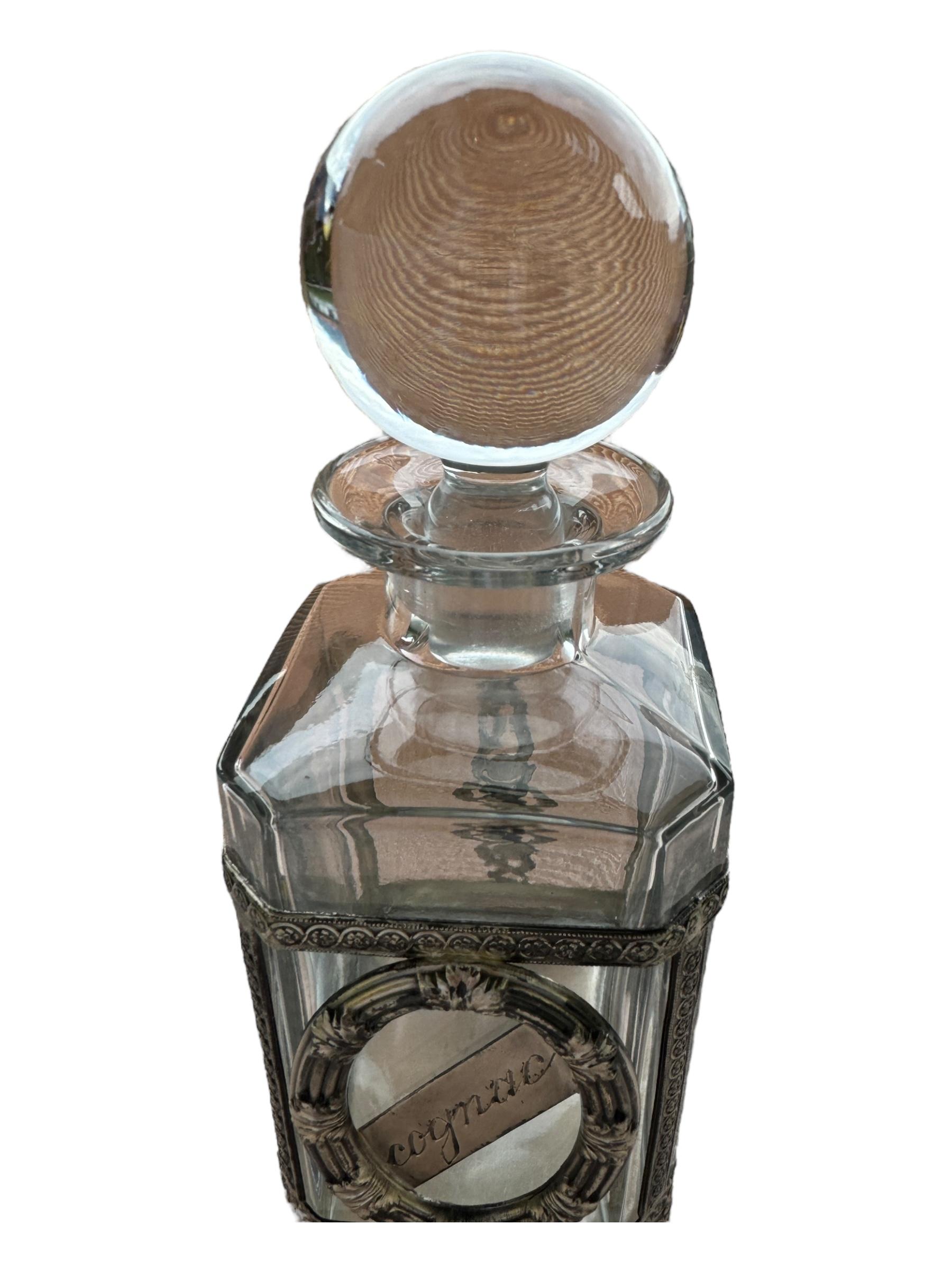 Beautiful Cognac Glass & Silver Plate Mounts, Decanter Bottle, vintage England For Sale 9