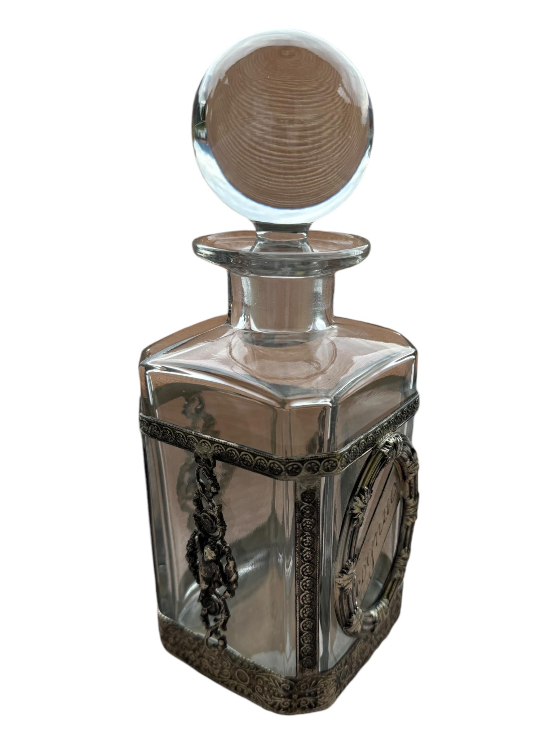 Beautiful Cognac Glass & Silver Plate Mounts, Decanter Bottle, vintage England For Sale 12