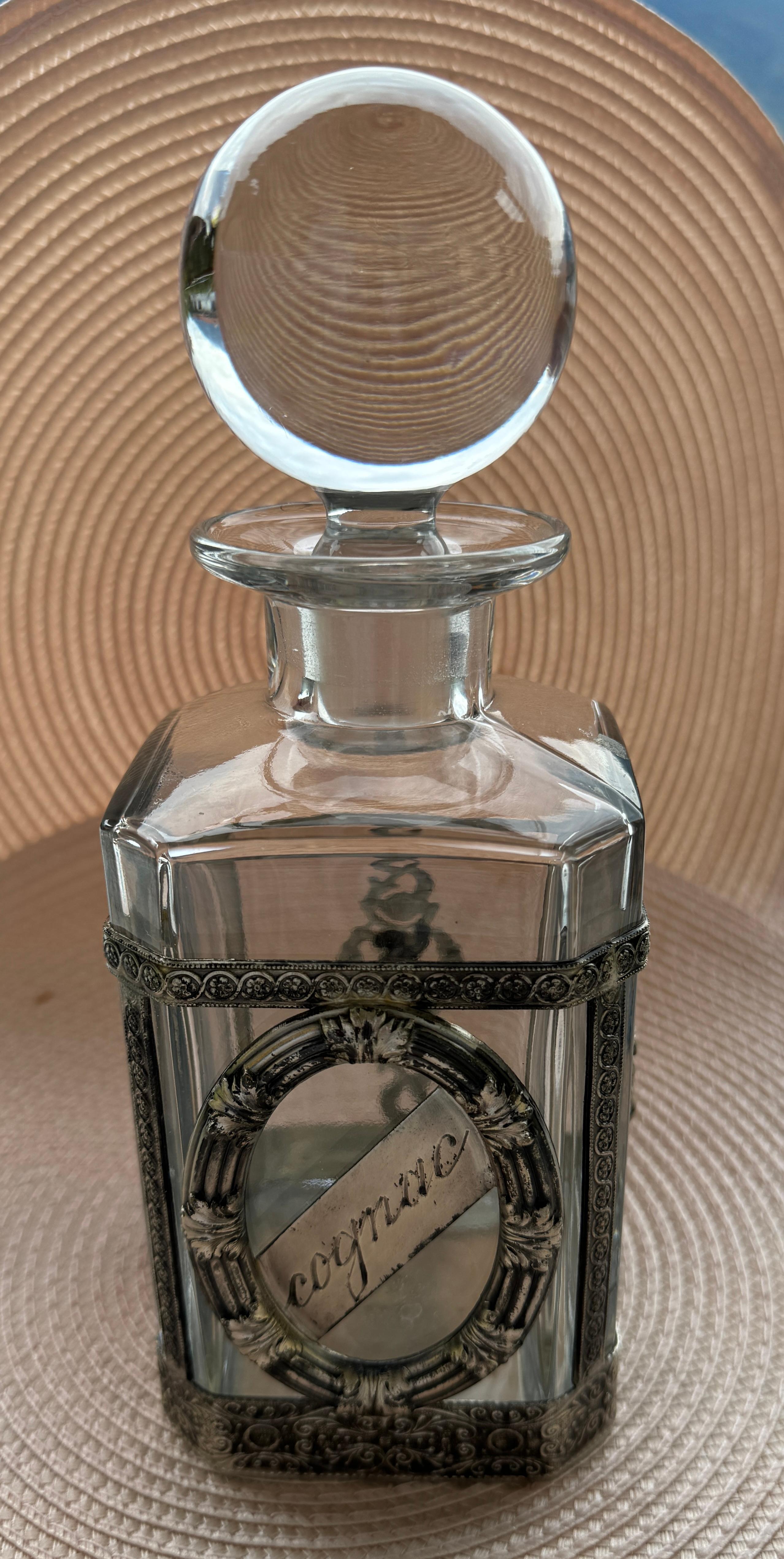 English Beautiful Cognac Glass & Silver Plate Mounts, Decanter Bottle, vintage England For Sale
