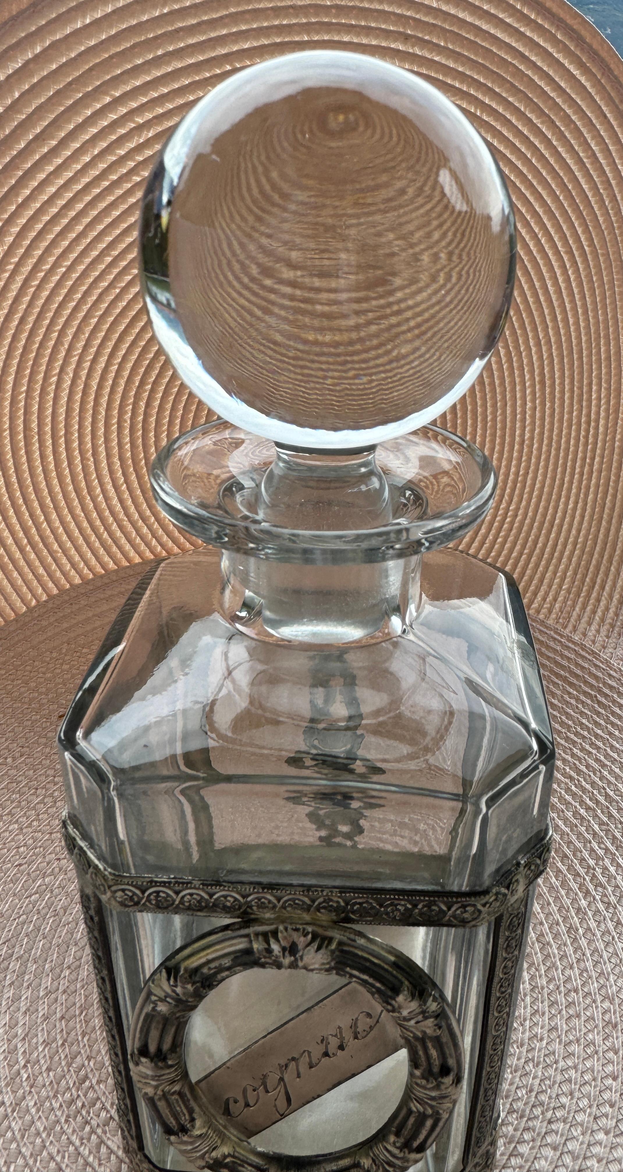 Mid-20th Century Beautiful Cognac Glass & Silver Plate Mounts, Decanter Bottle, vintage England For Sale