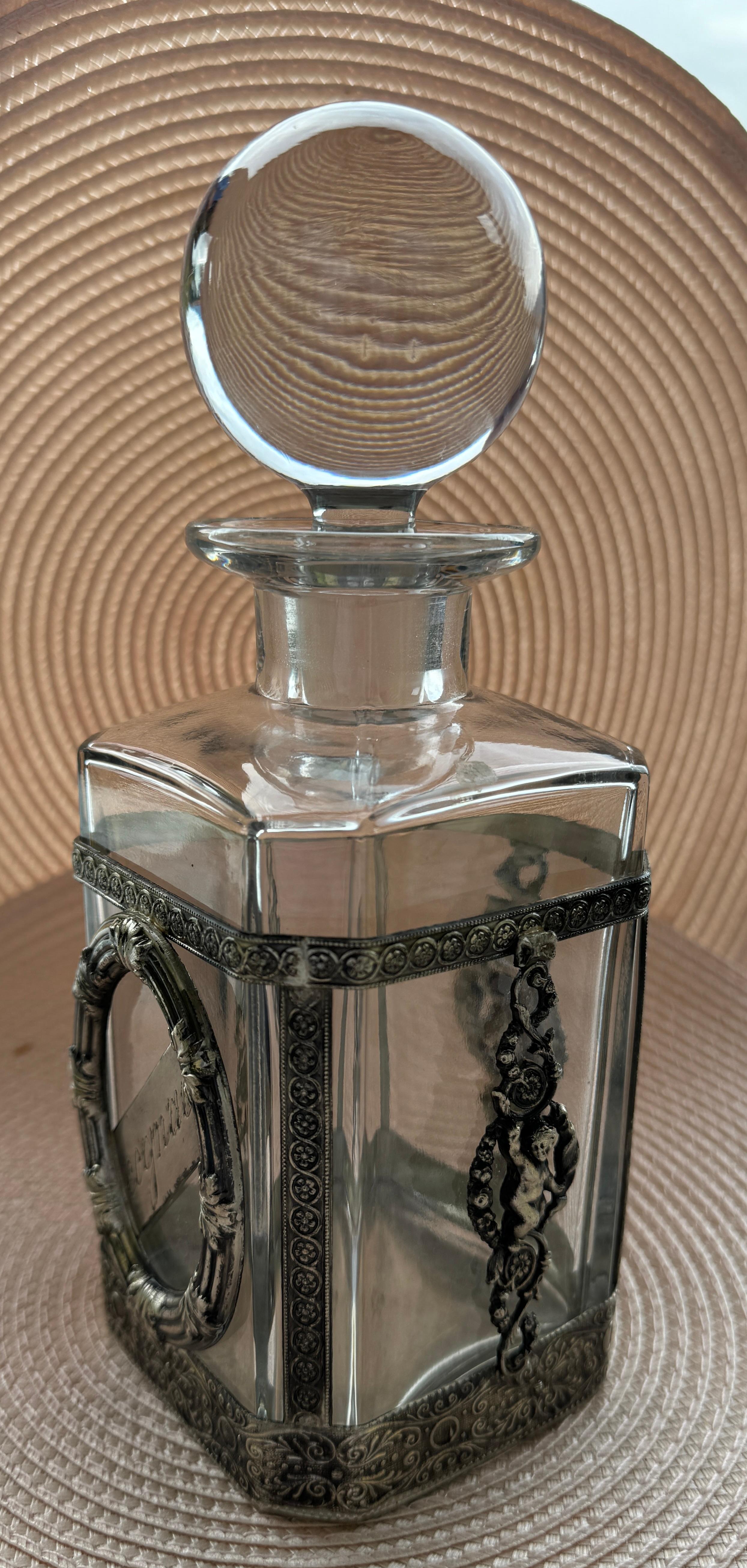 Beautiful Cognac Glass & Silver Plate Mounts, Decanter Bottle, vintage England For Sale 1