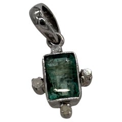 Beautiful colored Natural Emerald with 4 Pave Diamonds Sterling Silver Pendant