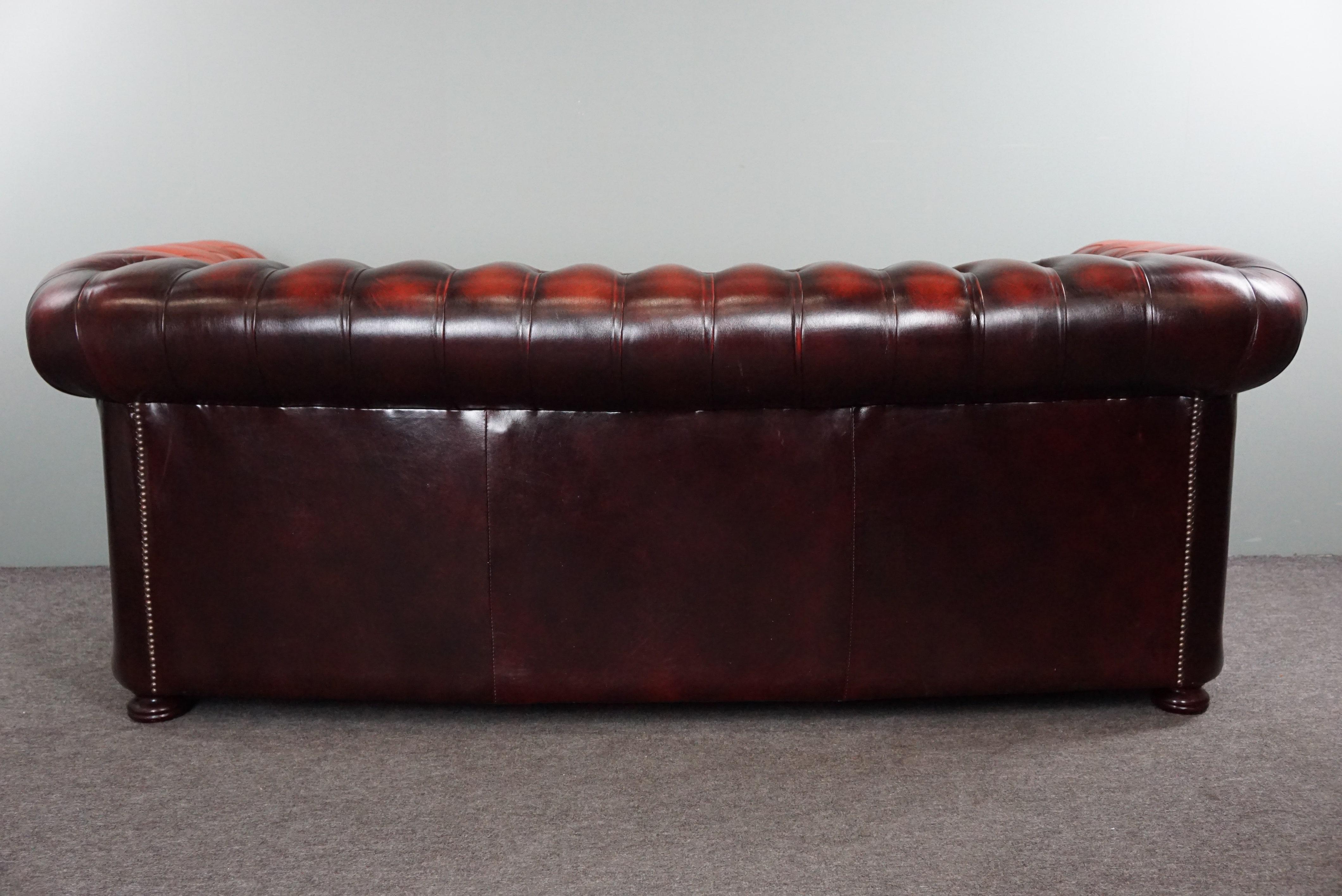 Schönes farbenfrohes rotes geräumiges Chesterfield-Sofa aus Rindsleder, 2,5 Sitze (Englisch) im Angebot