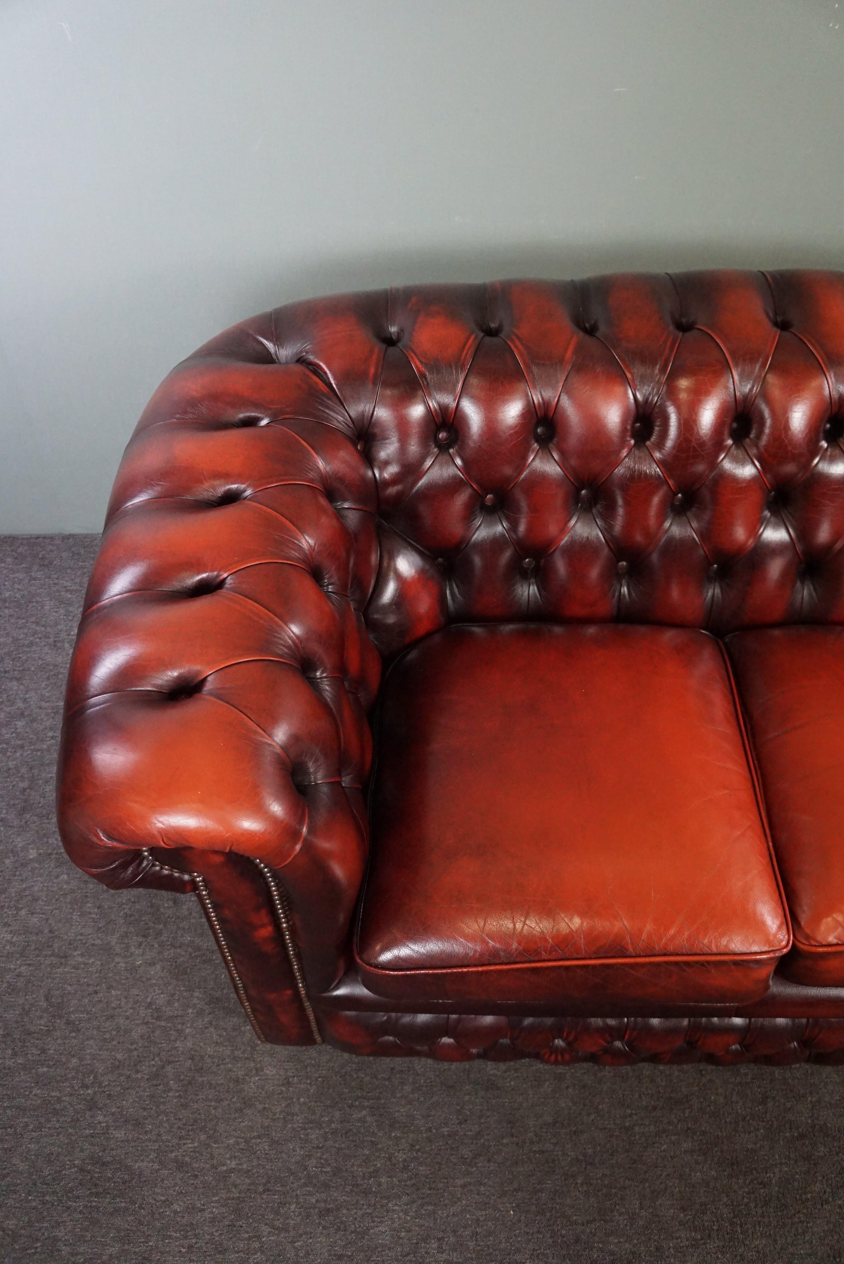 Beautiful colored red spacious cow leather Chesterfield sofa, 2.5 seater In Good Condition For Sale In Harderwijk, NL