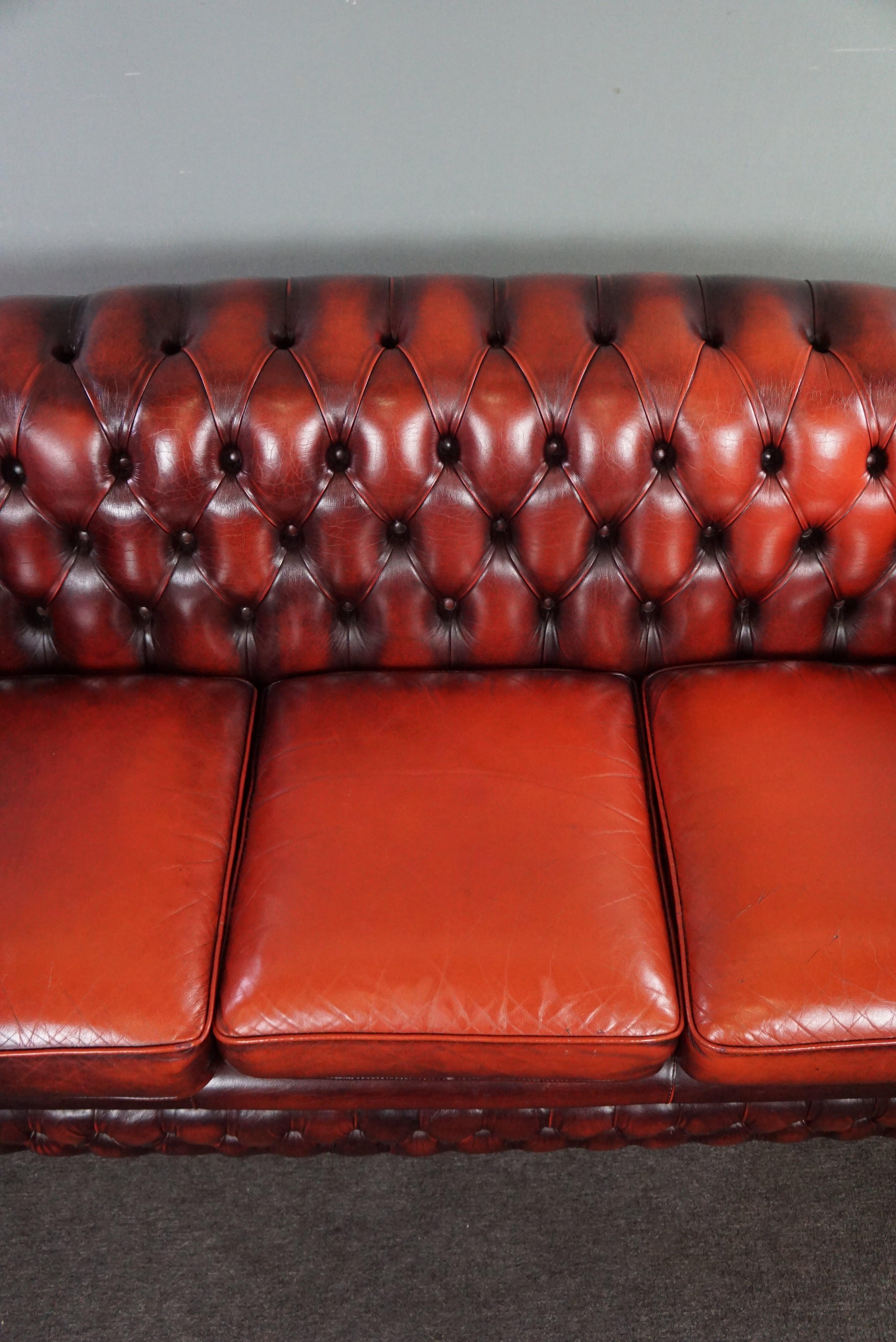 Schönes farbenfrohes rotes geräumiges Chesterfield-Sofa aus Rindsleder, 2,5 Sitze (20. Jahrhundert) im Angebot