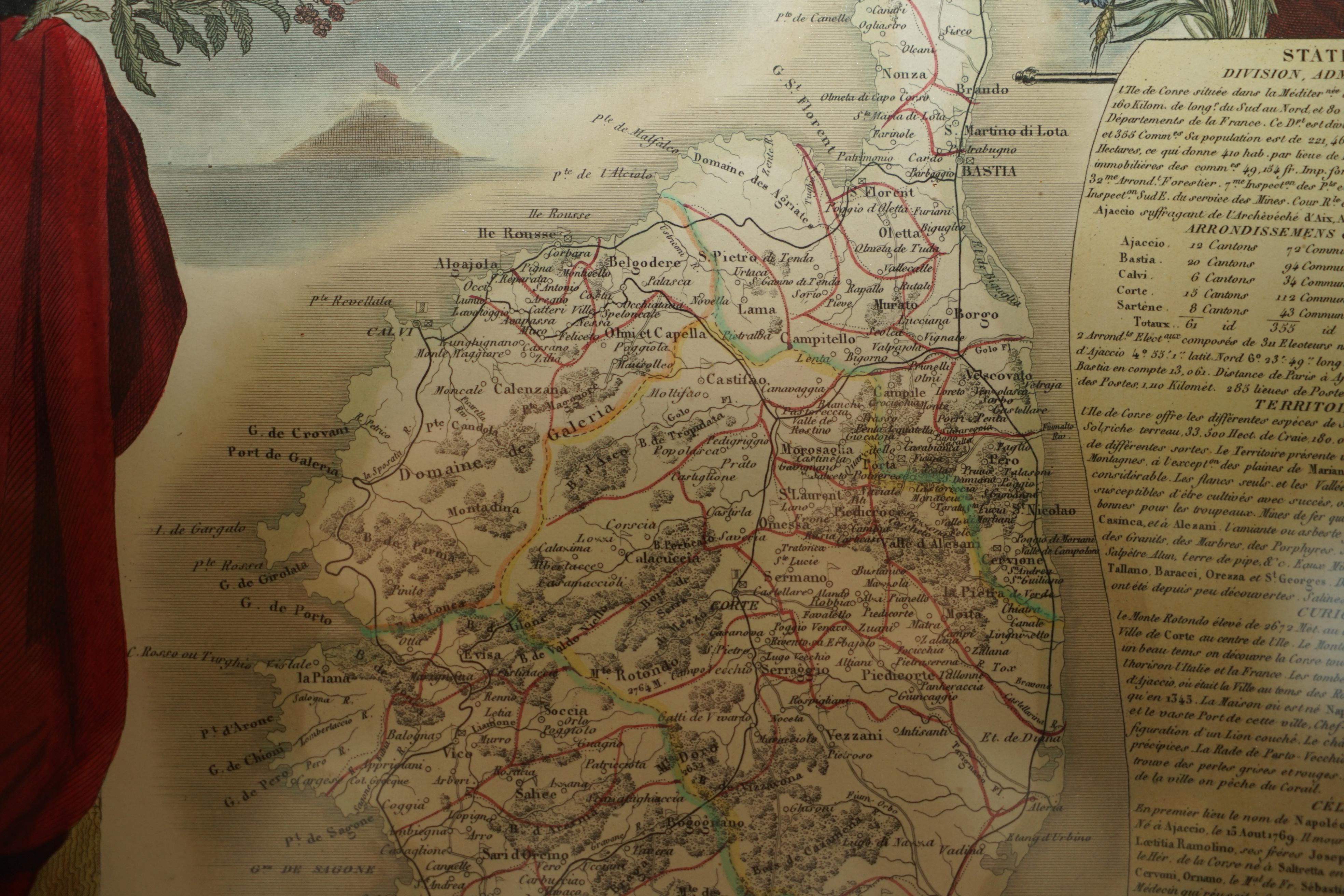 Beautiful Colour French Antique 1856 Hand Watercolour Map of Dept Des La Corse For Sale 11