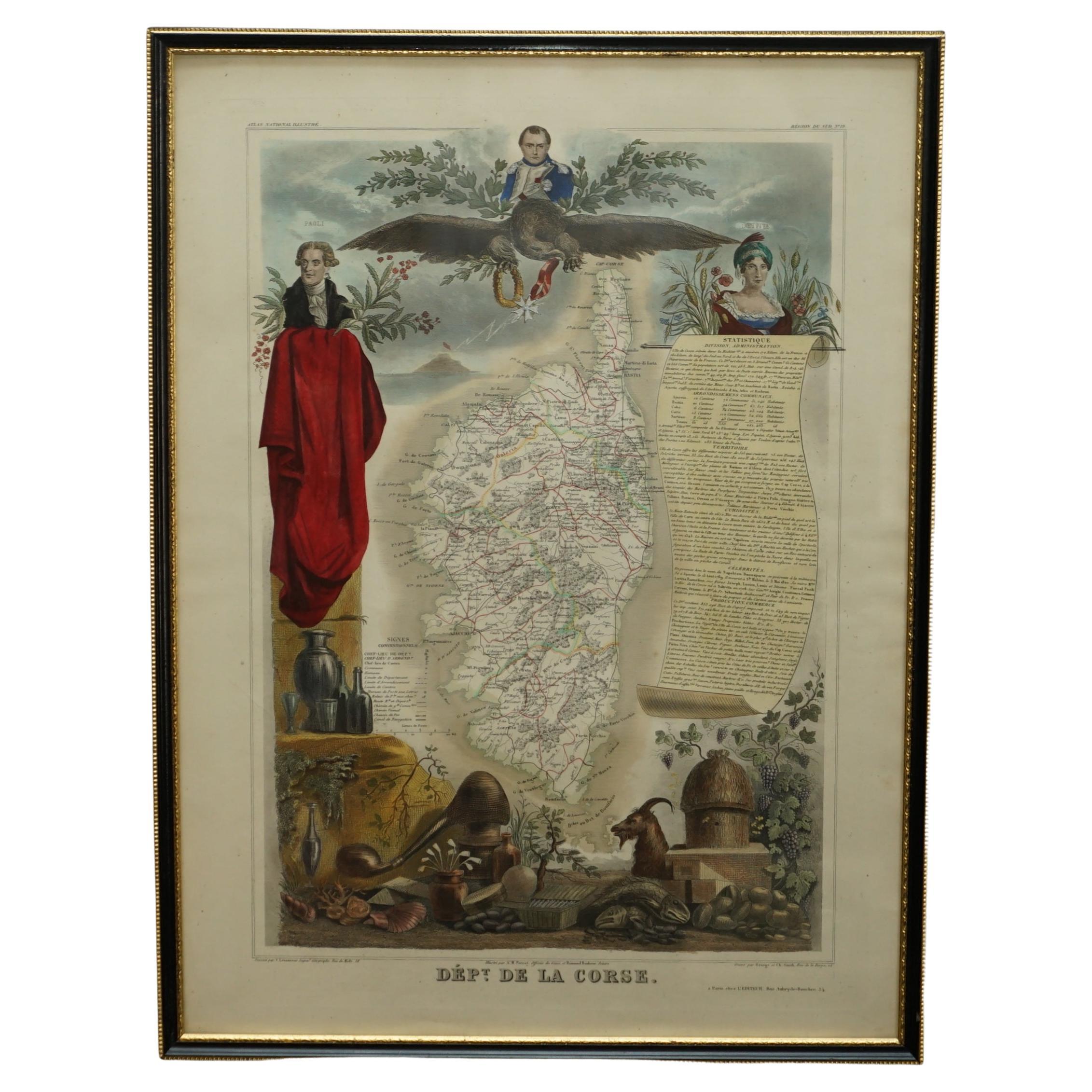 Magnifique carte à l'aquarelle française ancienne de 1856 en couleur, réalisée à la main, du département des La Corse