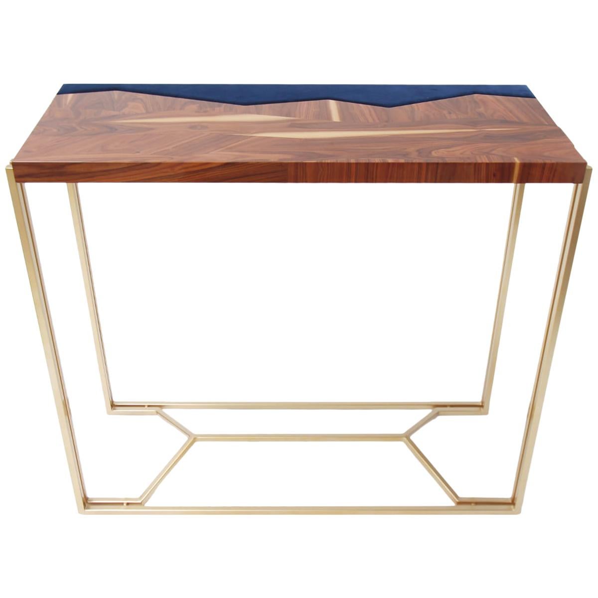 Beautiful Console Table, Marquetry in Palisander Veneer, Brass Legs, Modern For Sale