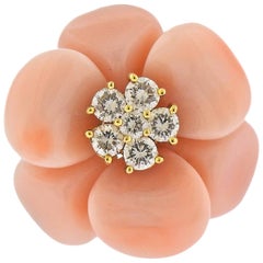 Magnifique bague fleur en or avec corail et diamant