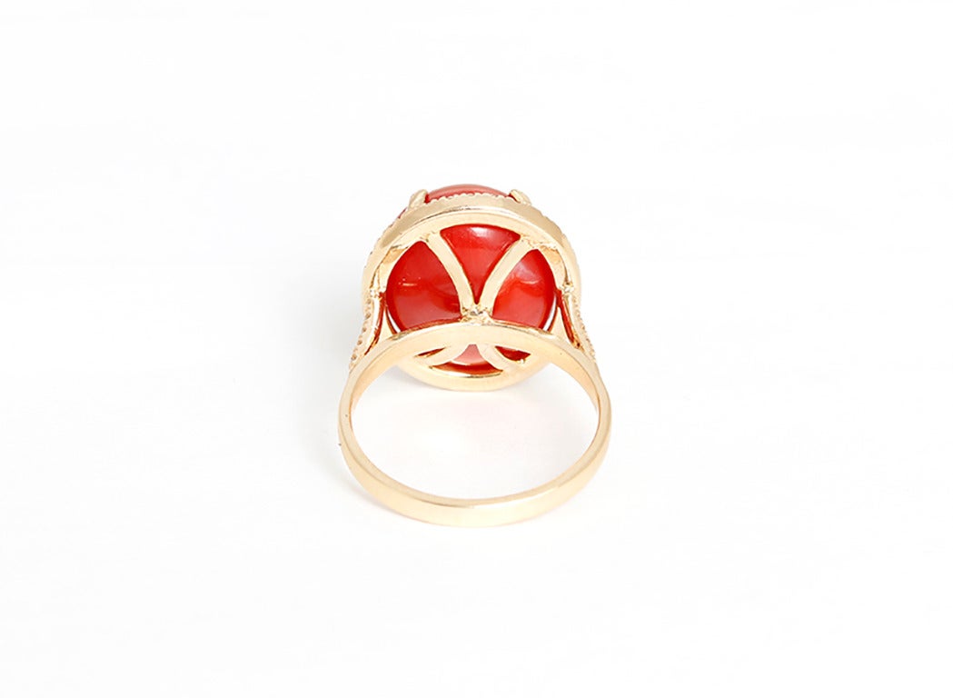 Cabochon Beautiful Coral Diamond Gold Ring For Sale