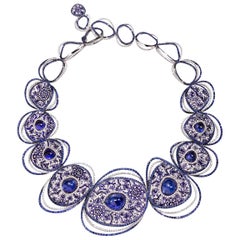 Necklace White Gold White Diamonds Sapphires Tanzanite HandDecorated Micromosaic