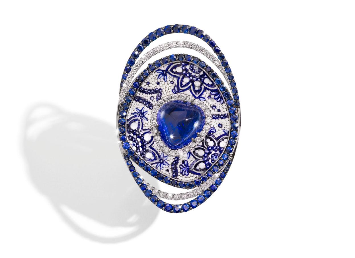 Cabochon Cocktail Ring White Gold White Diamonds Blue Sapphires Tanzanite Micromosaic For Sale