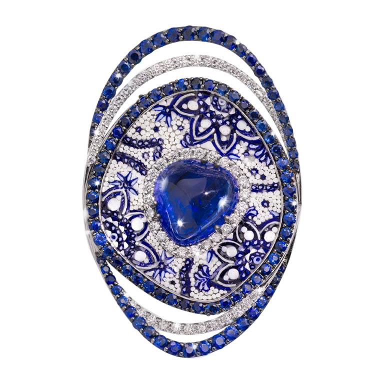 Anello Cocktail Oro Bianco Diamanti Blu Zaffiri Tanzanite Micromosaico