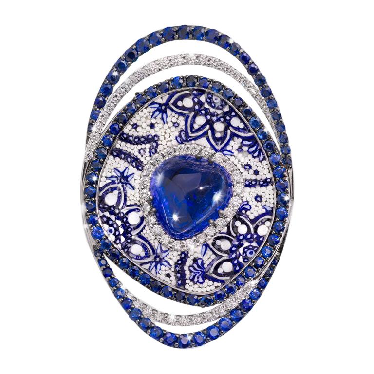 Cocktail Ring White Gold White Diamonds Blue Sapphires Tanzanite Micromosaic For Sale