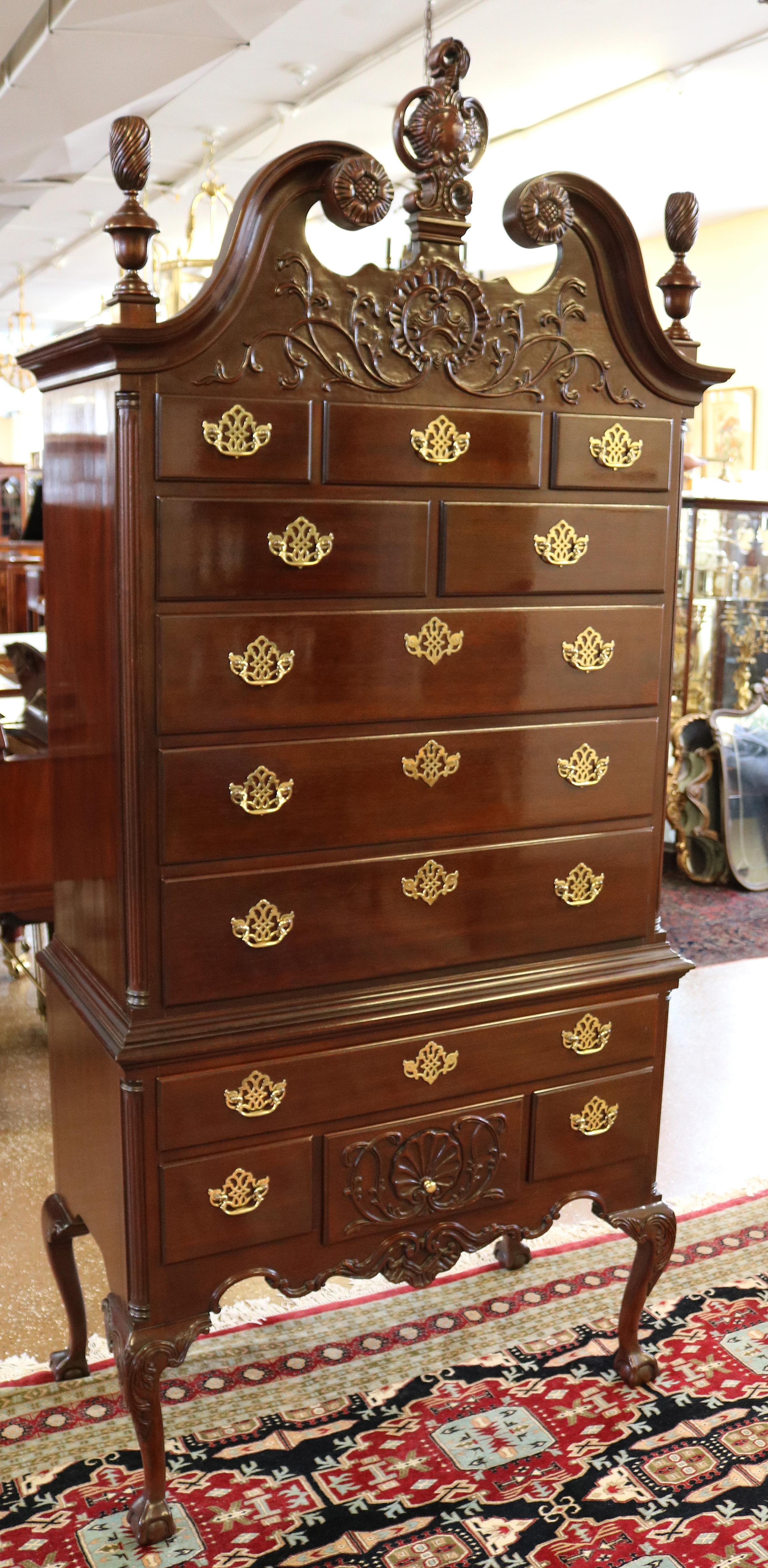 American Beautiful Councill Craftsman Mahogany Chippendale High Chest of Drawers Highboy For Sale