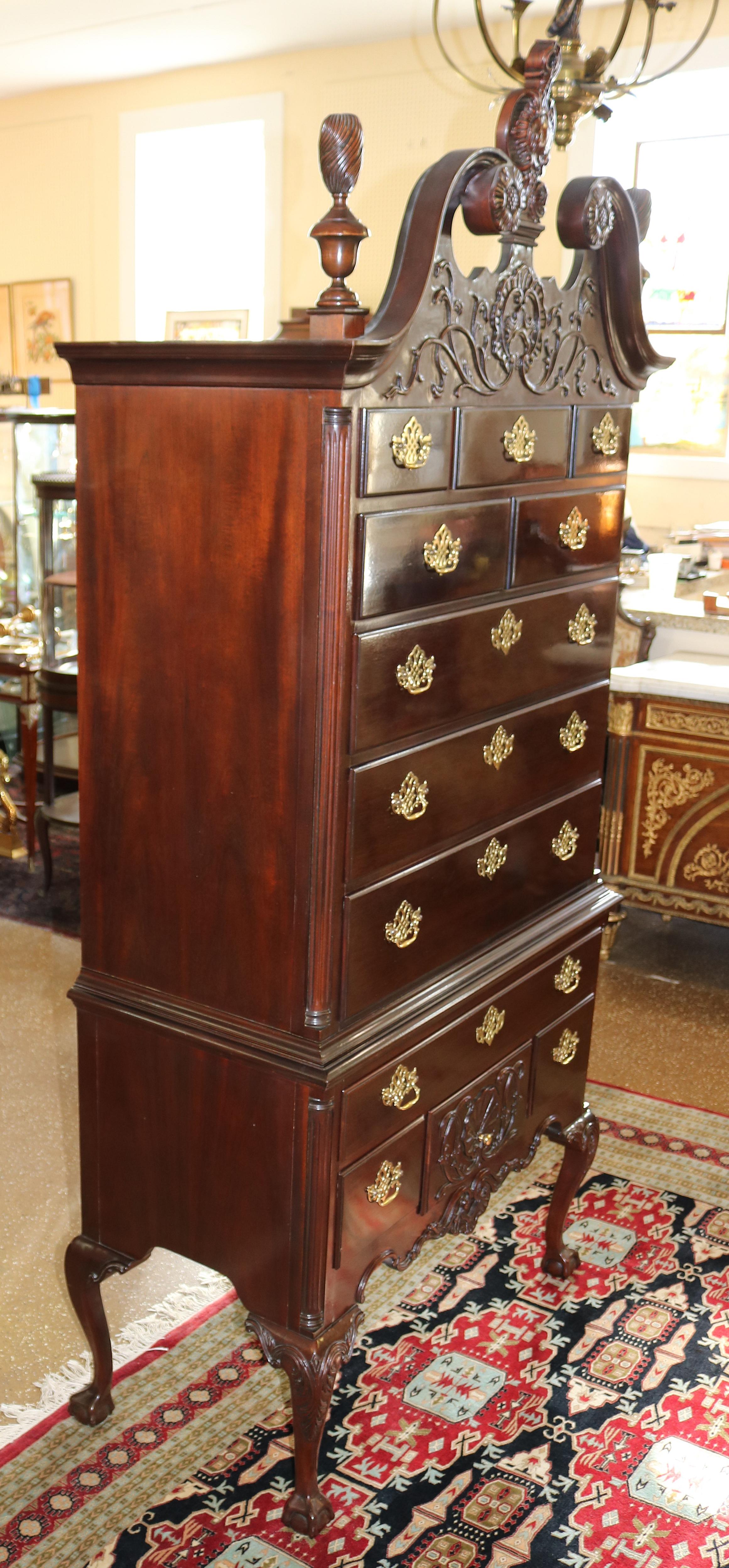 Late 20th Century Beautiful Councill Craftsman Mahogany Chippendale High Chest of Drawers Highboy For Sale