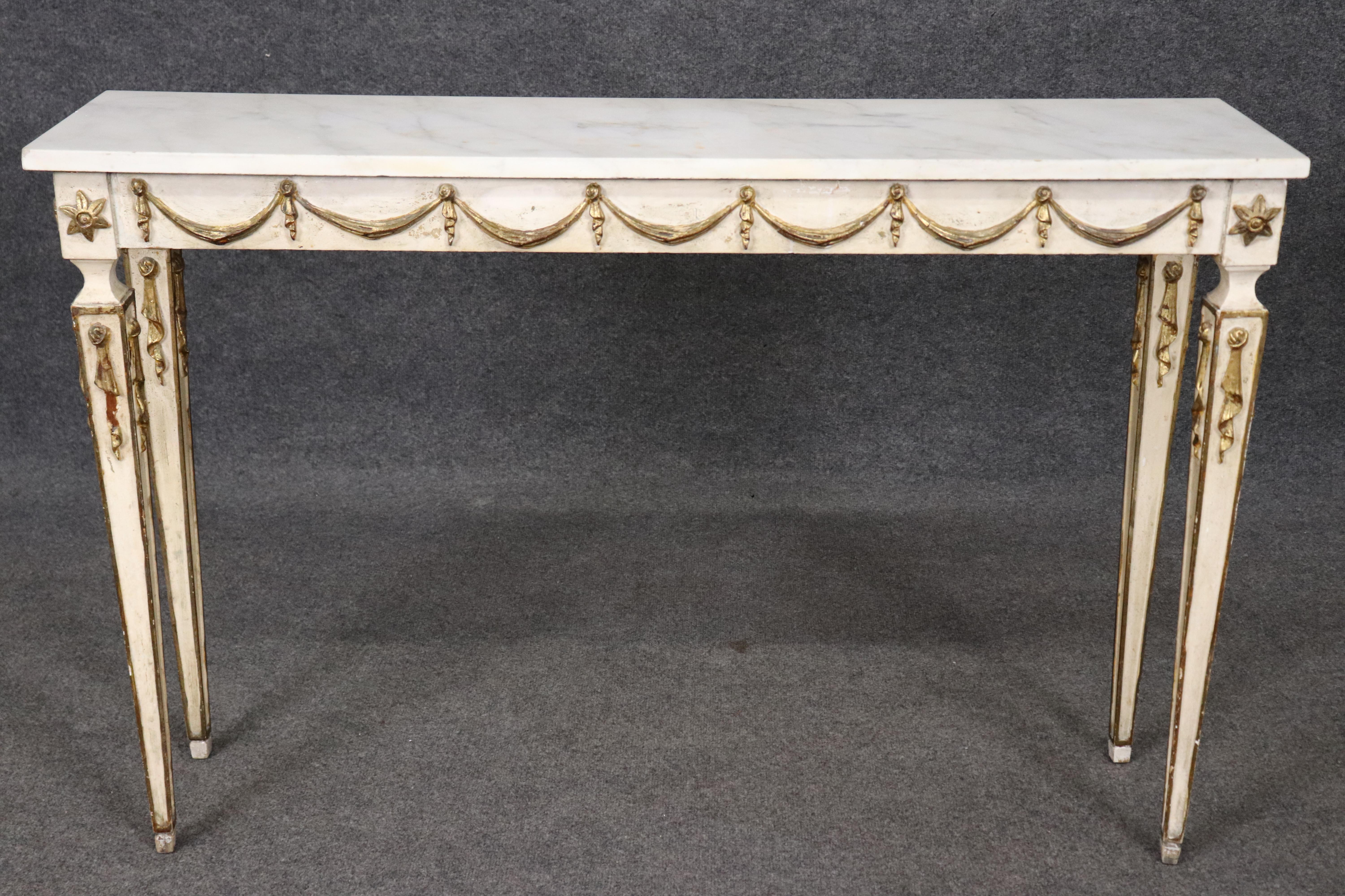 Beautiful Creme Painted Gilt Marble Top Italian Neoclassical Console Table For Sale 8