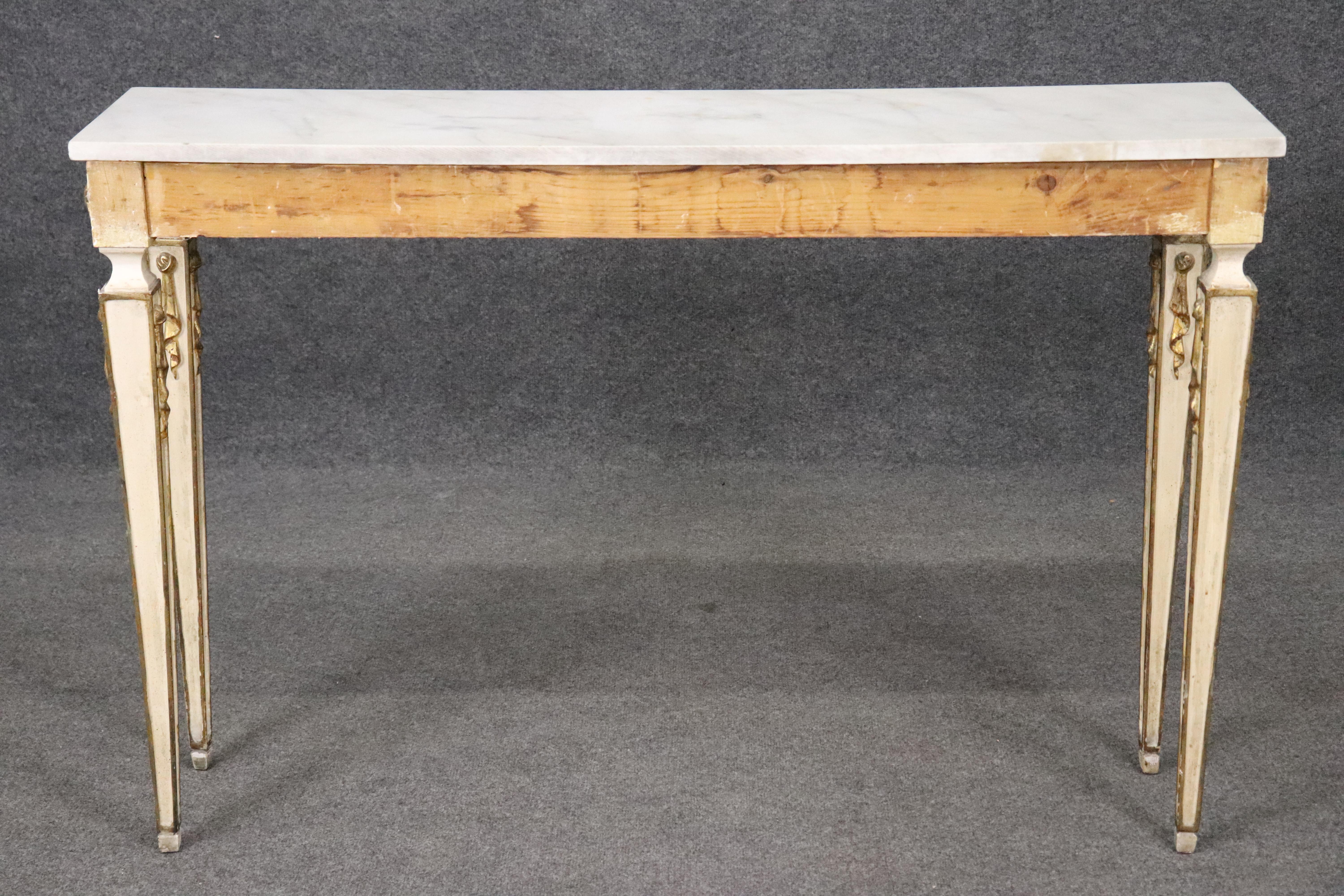 Beautiful Creme Painted Gilt Marble Top Italian Neoclassical Console Table For Sale 9