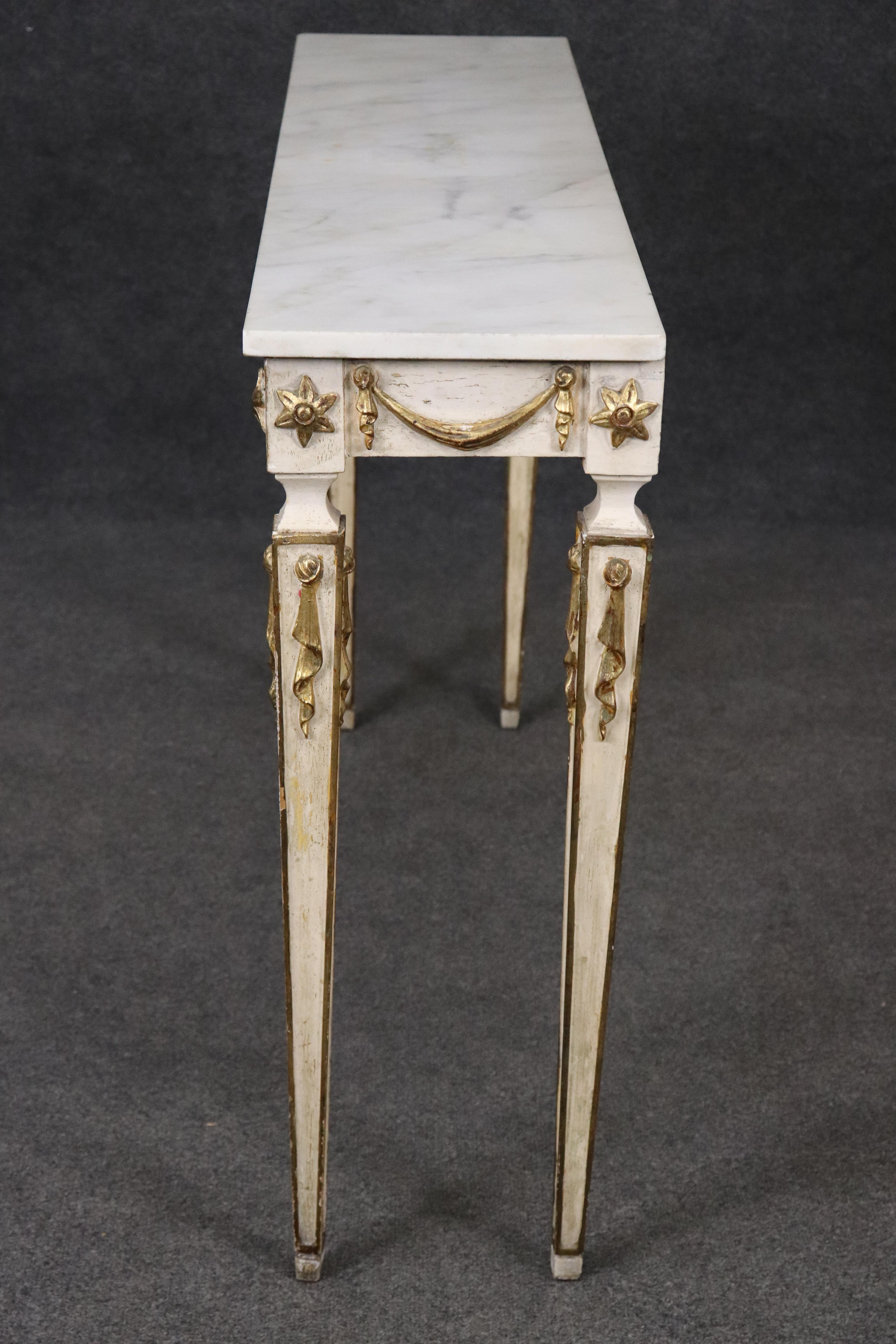Neoclassical Revival Beautiful Creme Painted Gilt Marble Top Italian Neoclassical Console Table For Sale