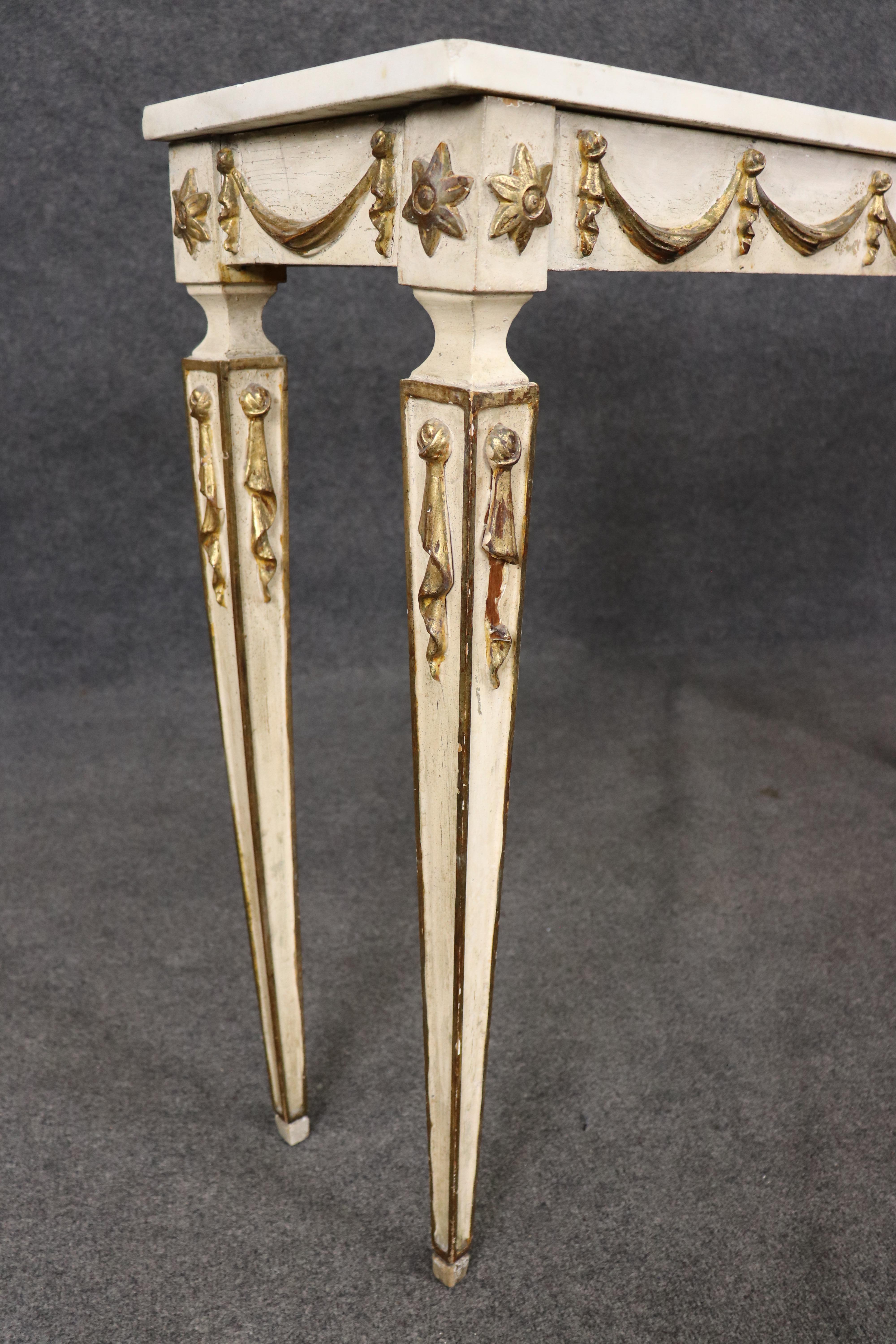 Mid-20th Century Beautiful Creme Painted Gilt Marble Top Italian Neoclassical Console Table For Sale