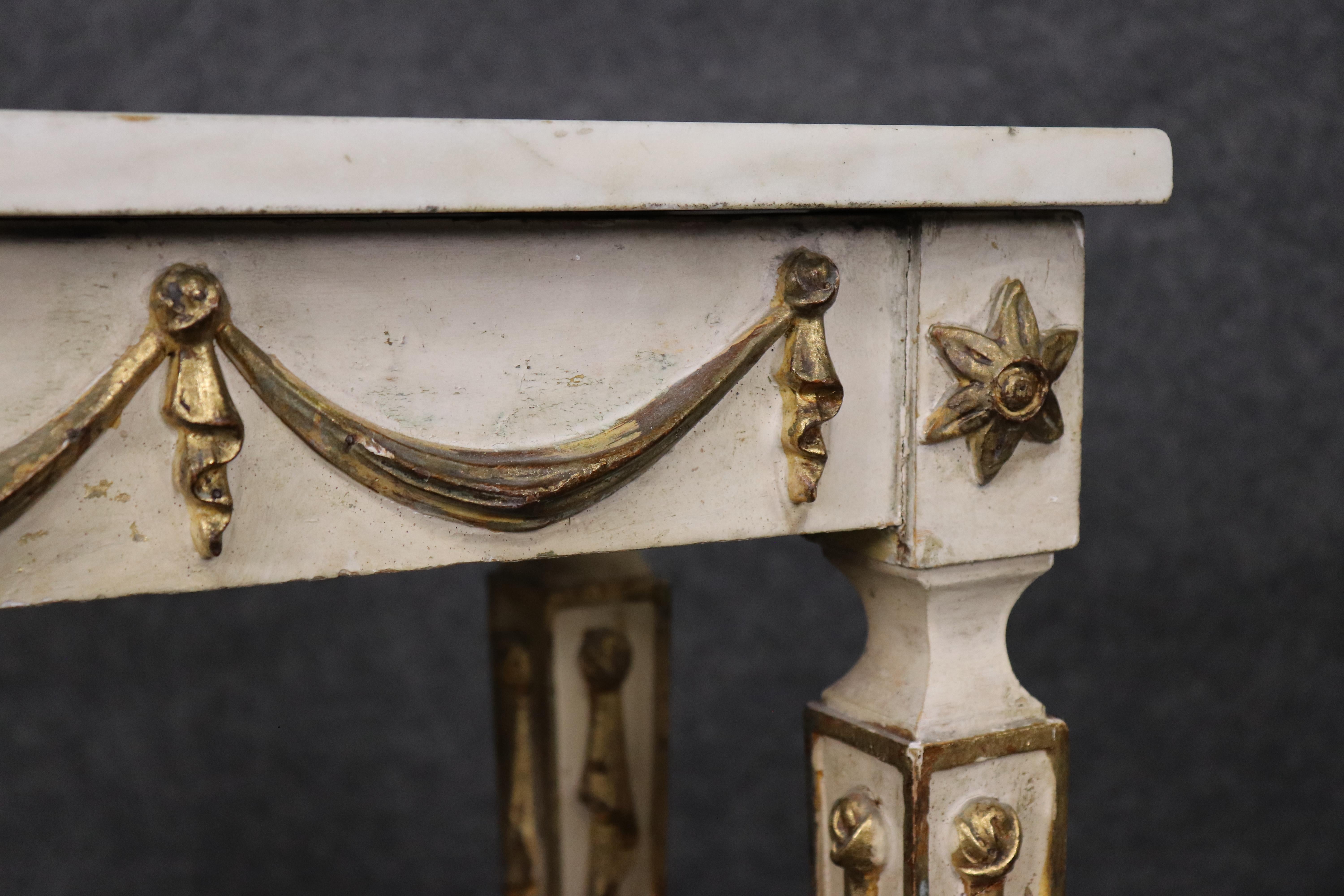 Beautiful Creme Painted Gilt Marble Top Italian Neoclassical Console Table For Sale 4