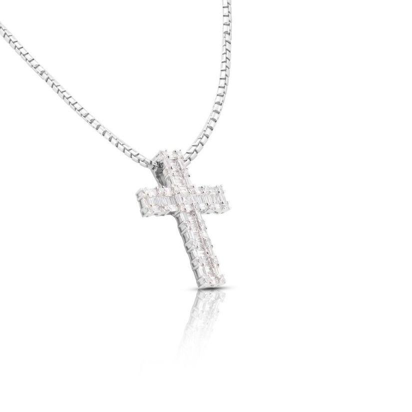 Princess Cut Beautiful Cross Necklace with 2.21ct Mixed Shaped Diamonds in 18K White Gold For Sale