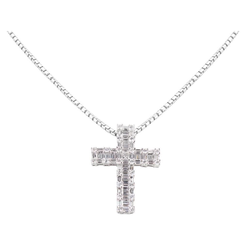 Beautiful Cross Necklace with 2.21ct Mixed Shaped Diamonds in 18K White Gold For Sale